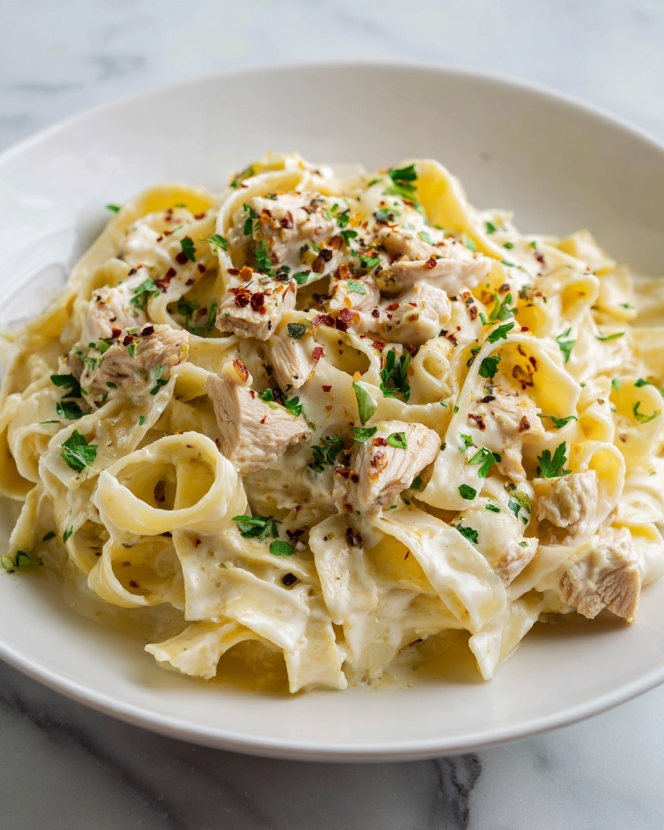 The image shows a close-up of a white plate filled with creamy pasta layered with thick, light yellow fettuccine noodles covered in a smooth, pale cream sauce. On top of the pasta are small, golden-brown cooked chicken pieces that look tender and lightly seasoned. The dish is sprinkled with finely chopped fresh green herbs, adding small touches of green color, and black pepper flakes round out the visual details. The plate sits on a white marbled surface. photo taken with an iphone --ar 4:5 --v 7