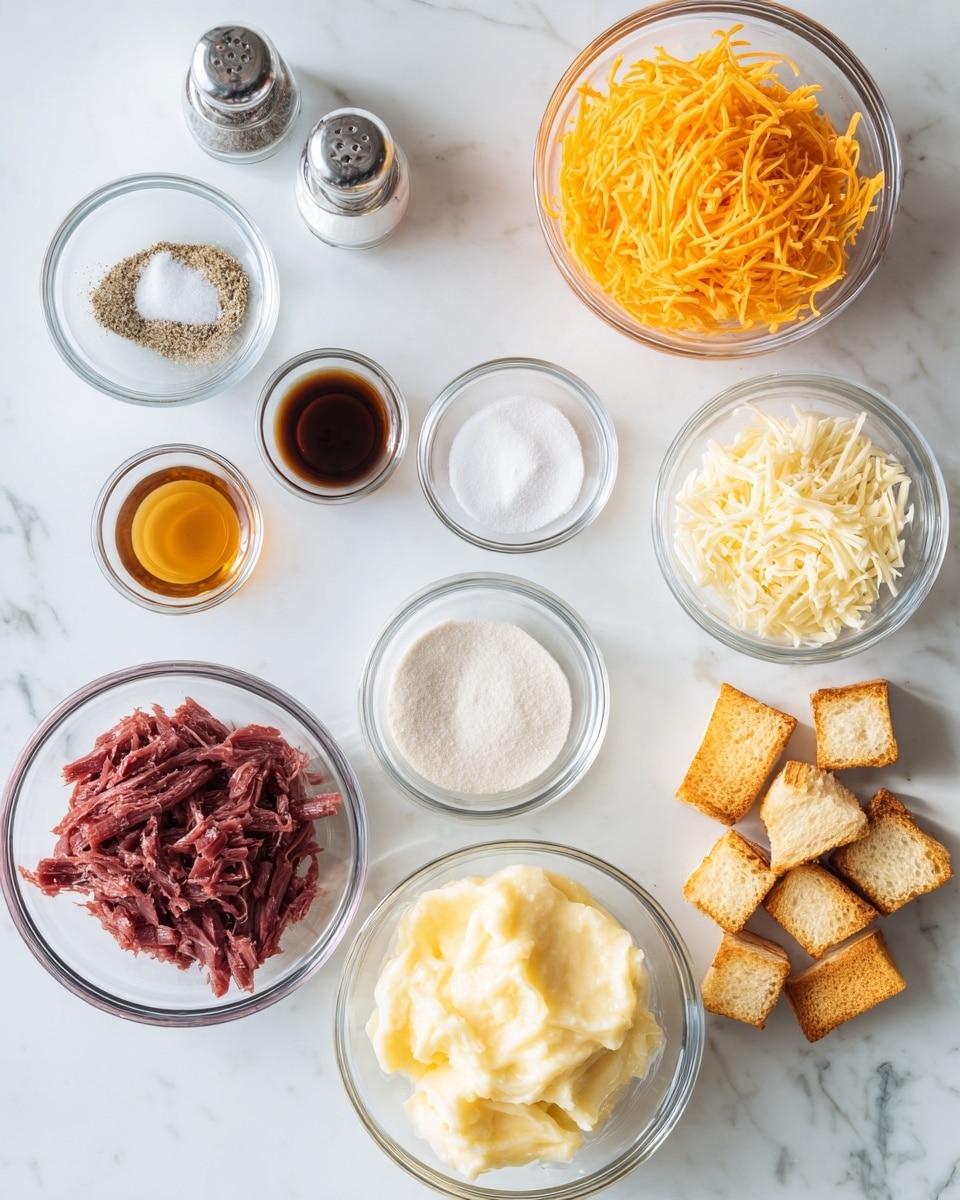 The image shows eight clear glass bowls arranged on a white marbled surface. The top row has a bowl of shredded orange cheese on the right, and next to it, two small bowls with salt and pepper shakers nearby. Below them, there are three small bowls in a row: one with a dark brown liquid, one with white powder, and one with light yellow powder. The bottom row has three larger bowls: on the left, shredded raw red meat; in the middle, creamy yellow mashed potatoes; and on the right, small square pieces of toasted bread. The overall scene is bright and clean with a focus on the different ingredients. Photo taken with an iphone --ar 4:5 --v 7