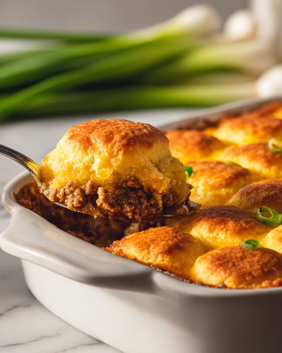The image shows a close-up of a white baking dish filled with a golden-brown baked casserole topped with small, round, puffy biscuit layers that are lightly browned and textured on top. One scoop is lifted by a spoon, revealing a thick, juicy ground meat mixture beneath the biscuit layer, with visible grains and moisture. In the background, fresh green onions lie on a white marbled surface, adding a touch of color contrast. The lighting highlights the golden color and makes the biscuit top look crispy. Photo taken with an iphone --ar 4:5 --v 7