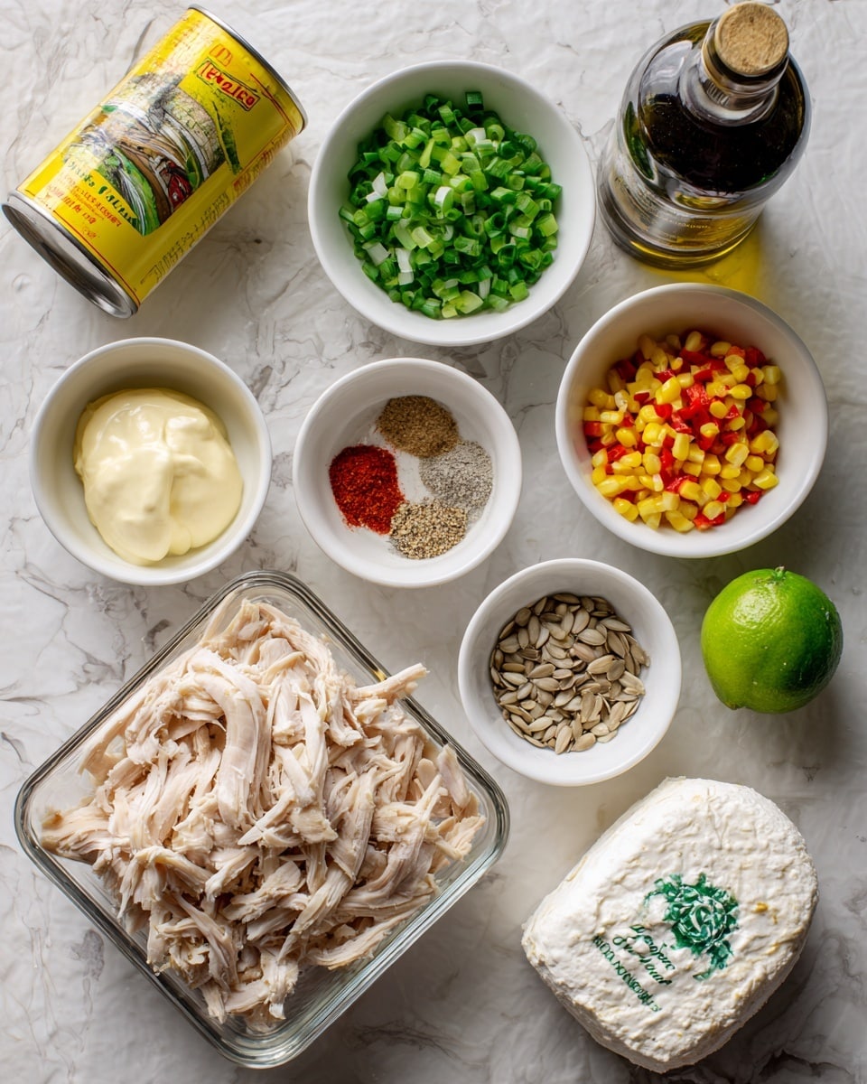The image shows a white square glass container filled with thinly sliced cooked chicken placed near the center-bottom. Above it are four small white bowls: one with finely chopped green onions and small diced yellow and red peppers, one with sunflower seeds, one with three different spices, and one with a dollop of mayonnaise. To the left is a yellow can of Hatch green chili and a dark bottle of olive oil. To the right is a whole lime and a ball of fresh white cheese with green writing on its wrapper. The background is a white marbled texture. Photo taken with an iphone --ar 4:5 --v 7