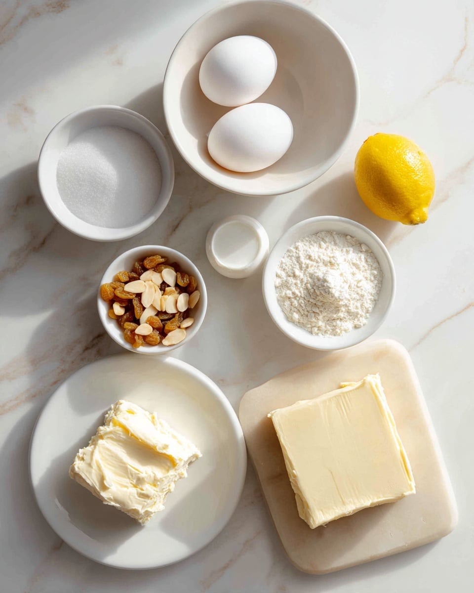 A group of ingredients is laid out on a white marbled surface including a white bowl with two white eggs positioned center top, a bright yellow lemon to the right, a white bowl with white sugar below the lemon, and a small white bowl with a small amount of white flour near the center. At bottom left sits a white plate holding a block of cream cheese, above it is a small white bowl filled with golden raisins. On the right is a white plate holding a small bowl filled with sliced almonds next to a block of pale yellow dough on a light beige cutting board. The whole setup is well lit with soft natural light, showing clear textures and soft shadows photo taken with an iphone --ar 4:5 --v 7
