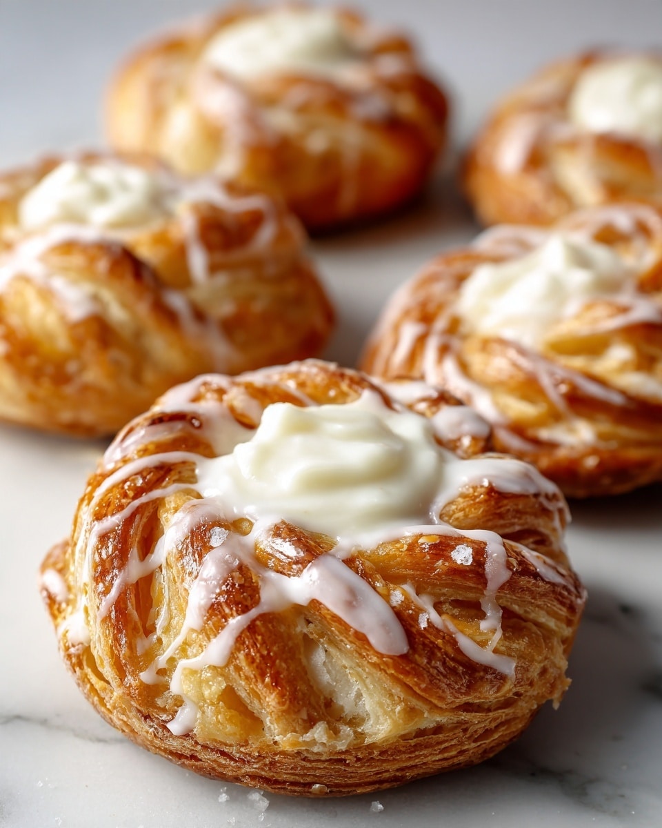 The image shows several small round pastries with a golden-brown flaky crust layered in twisted folds forming a circular border. Each pastry has a white creamy filling in the center that is smooth and slightly shiny. A thin white glaze is drizzled in thin lines over the top, crossing the crust segments and adding shine. The pastries rest on a white marbled surface, and the close-up view emphasizes the flaky texture and softness of the cream center. photo taken with an iphone --ar 4:5 --v 7