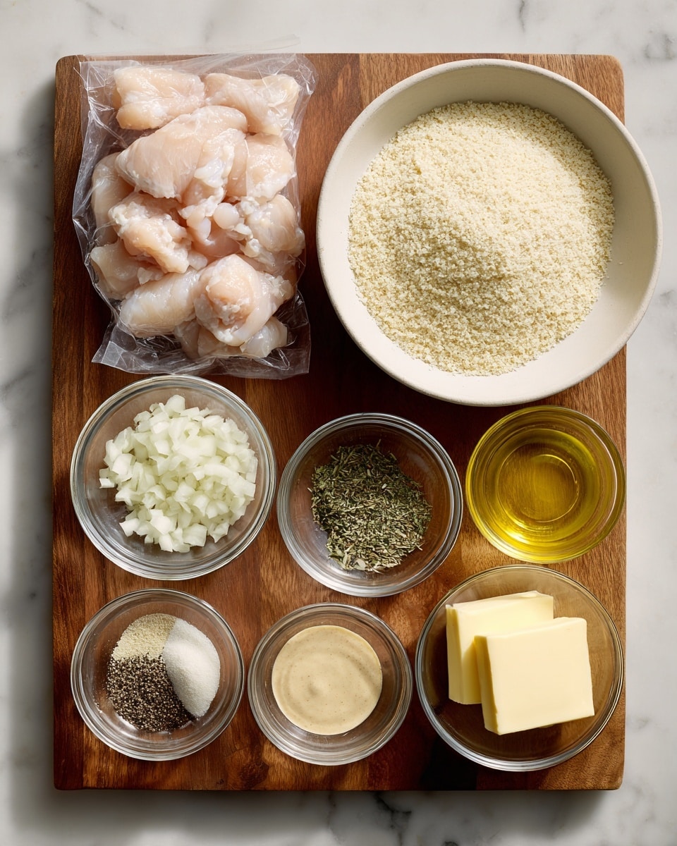 A wooden table with several glass bowls arranged neatly, showing ingredients for cooking. At the top left is a clear plastic package with raw pale pink chicken meat inside. To the right is a large white bowl filled with fine, light beige breadcrumbs. Below, there are six smaller clear glass bowls placed in two rows: the top row has finely chopped white onions on the left, dried green herbs in the middle, and a clear light yellow oil on the right; the bottom row holds a beige creamy mustard sauce on the left, a small pile of black pepper on the right, and two thick blocks of pale yellow butter at the bottom left. The whole scene is on a white marbled surface photo taken with an iphone --ar 4:5 --v 7