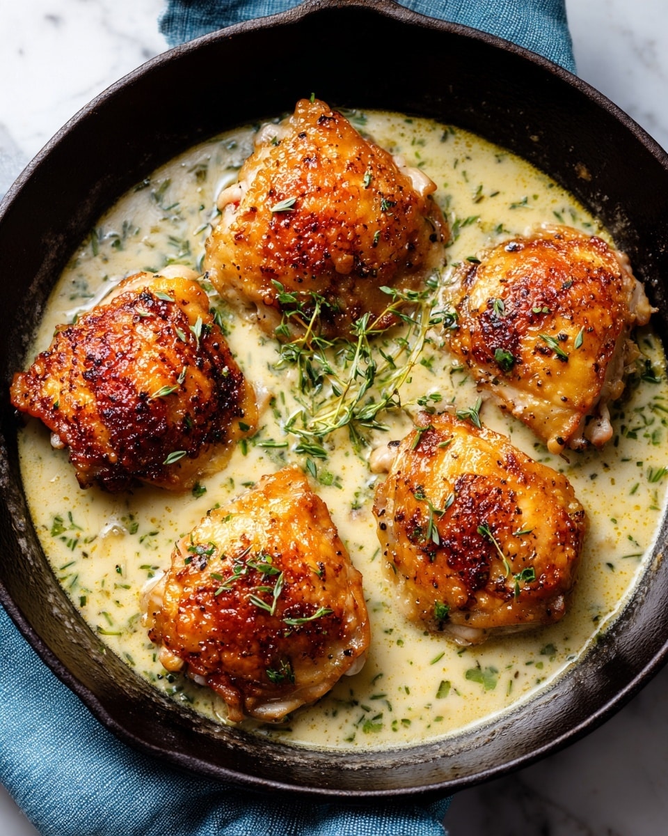 A black cast iron pan holds four golden-brown cooked chicken thighs, each with a crispy skin on top, sitting in a light creamy sauce with small green herb pieces scattered throughout. The sauce fills the pan evenly, reaching about halfway up the chicken. The pan is placed on a soft blue cloth on a white marbled surface. The chicken thighs are spaced evenly apart and the whole scene looks warm and inviting. photo taken with an iphone --ar 4:5 --v 7