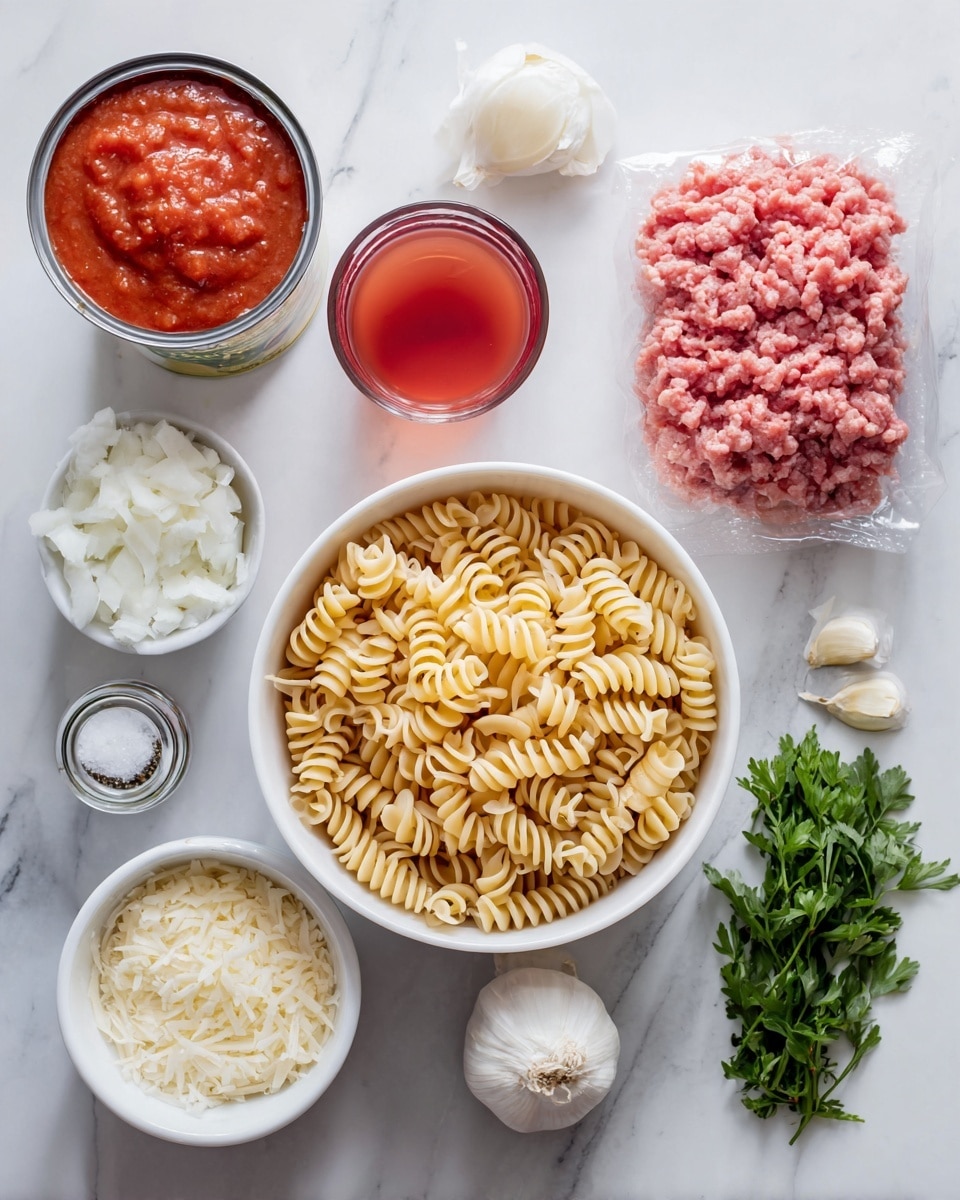 The image shows various ingredients arranged neatly on a white marbled surface. There is a white bowl filled with uncooked spiral pasta at the center. Above it, a can of crushed tomatoes and a glass with a reddish liquid are placed side by side. Next to the bowl, there is a clear package of raw ground meat with a pinkish hue. Below the pasta bowl, there are three small white bowls: one with grated cheese, one with finely chopped white onions, and one with a white creamy substance. Two small spice jars, fresh garlic cloves, and a bunch of green herbs lie nearby, completing the preparation setup. Photo taken with an iphone --ar 4:5 --v 7