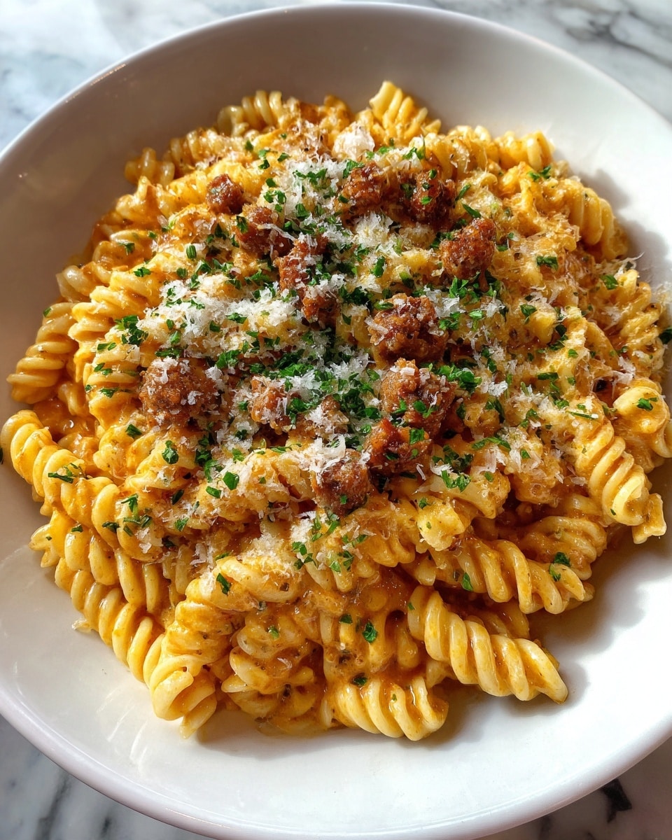 A close-up view of a white plate filled with rotini pasta coated in a creamy orange sauce, topped with small chopped pieces of browned meat, sprinkled with grated cheese and chopped green herbs, all sitting on a white marbled surface. photo taken with an iphone --ar 4:5 --v 7