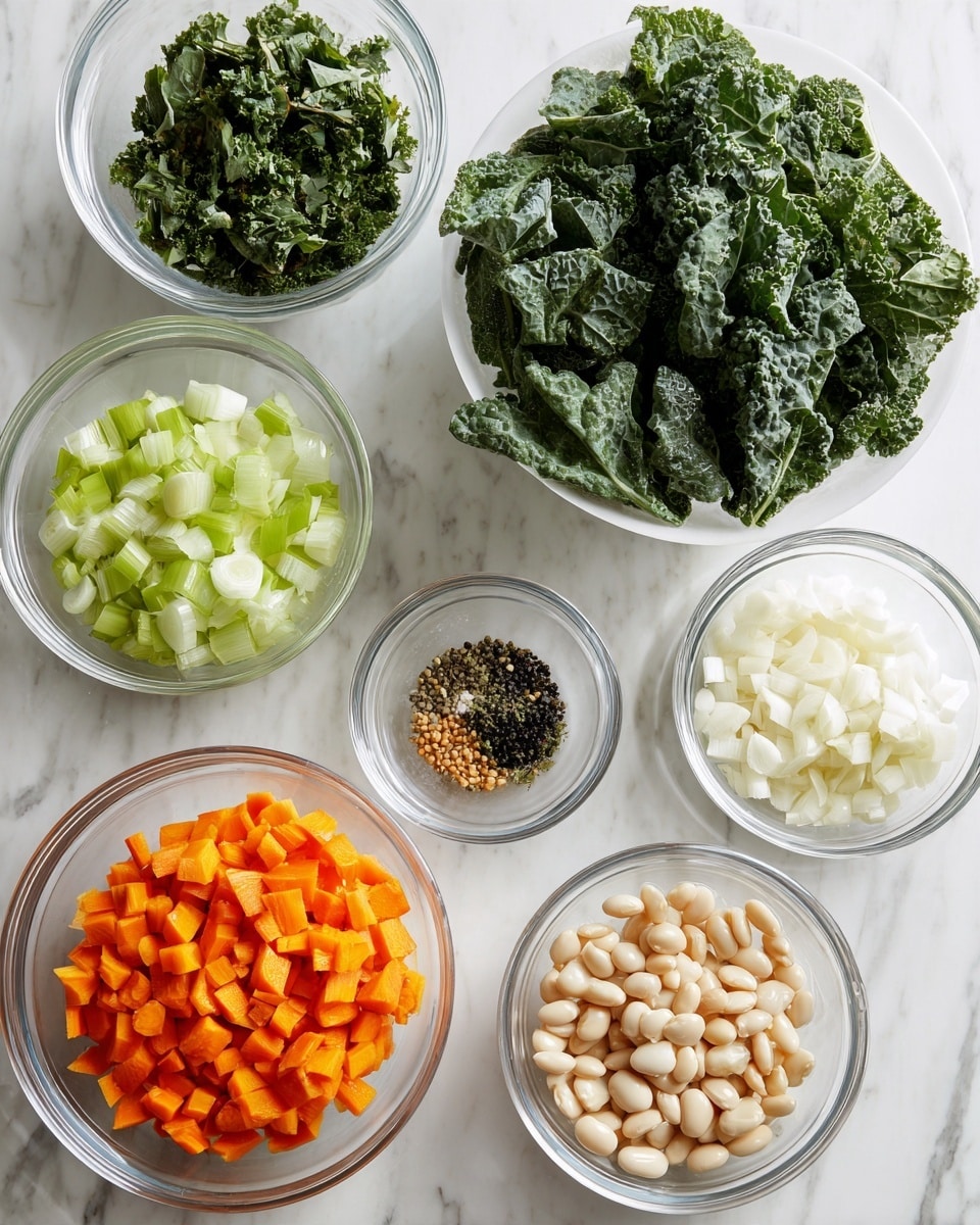 The image shows seven clear glass bowls arranged neatly on a white marbled surface, each filled with different ingredients. In the center bowl, there is a pile of fresh green kale leaves with a rough texture. Surrounding it clockwise are diced pale green celery pieces, a mix of black and white pepper in a small clear bowl, finely chopped white onions, bright orange diced carrots, raw white beans, and minced pale yellow garlic. The bowls are all white with clear glass sides, giving a clean and fresh look. photo taken with an iphone --ar 4:5 --v 7