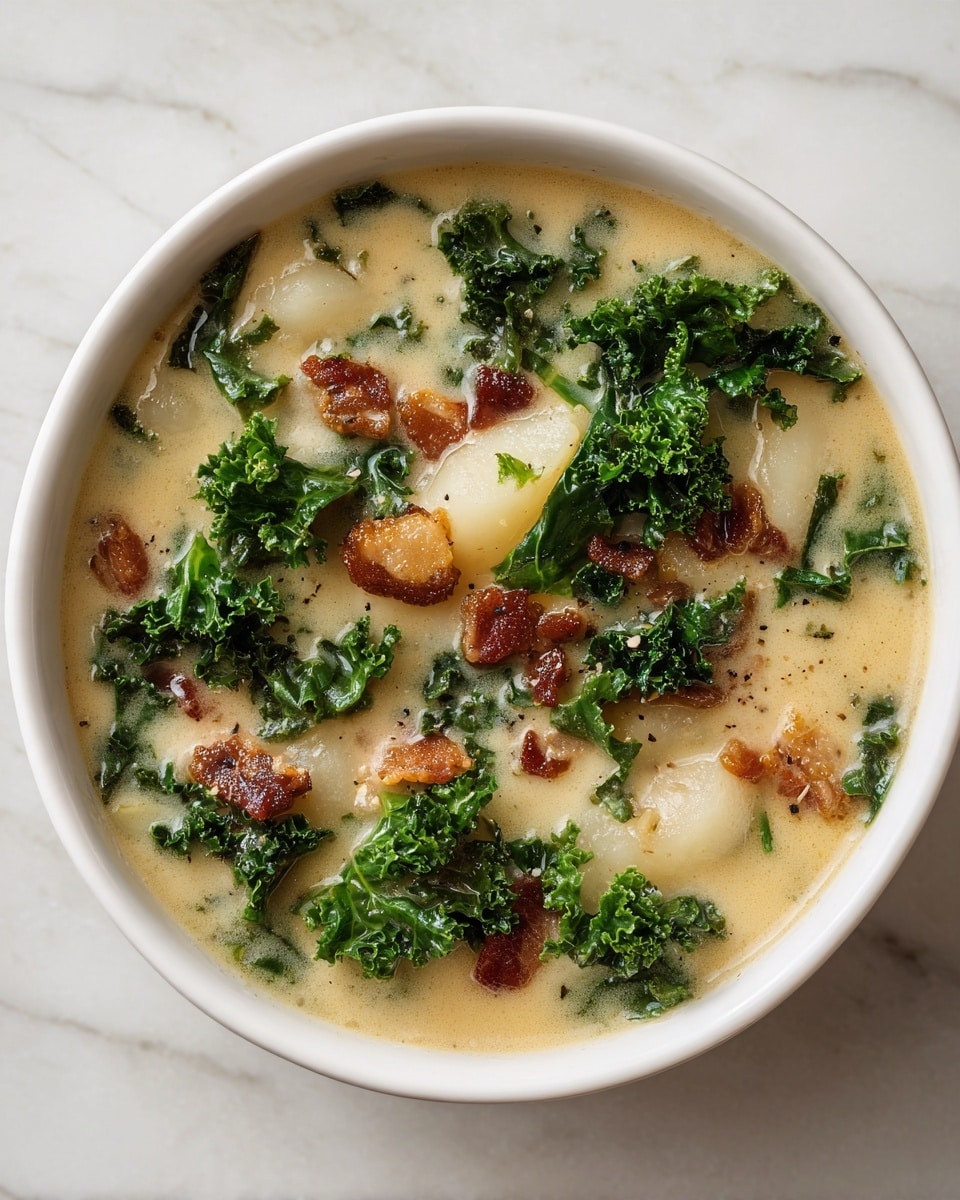 A white bowl filled with a creamy soup containing several layers: white chunks of potato-like texture, dark green curly kale leaves scattered on top and mixed inside, and small pieces of browned bacon evenly spread throughout. The soup liquid is light beige with a smooth texture, filling most of the bowl, resting on a white marbled surface. The overall look is warm and inviting. photo taken with an iphone --ar 4:5 --v 7