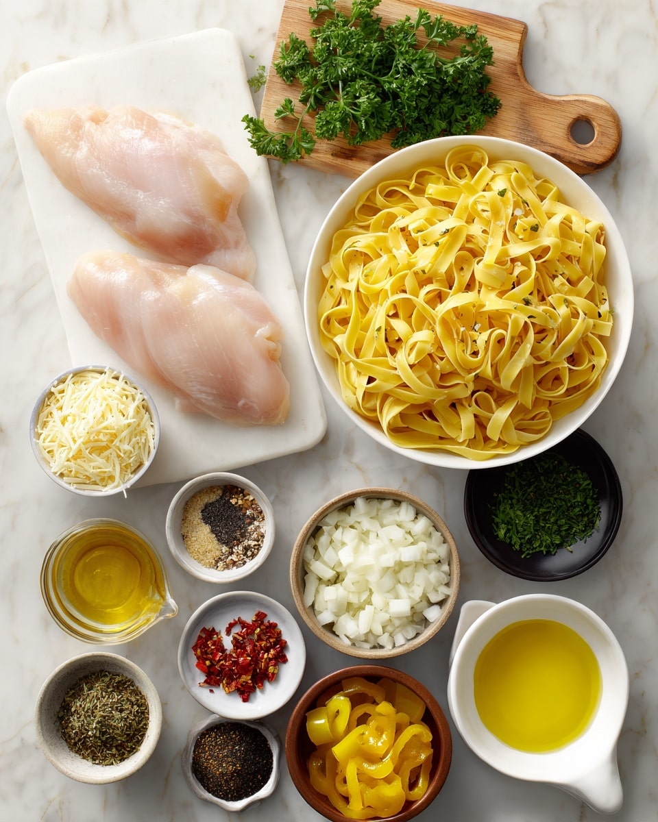 The image shows ingredients for a pasta dish laid out on a white marbled surface. In the center, there is a white bowl filled with cooked yellow fettuccine noodles. To the left, two raw chicken fillets lie on a white cutting board. Above the noodles, there is a small wooden board with fresh green parsley. Around these main items, various small bowls and measuring cups hold different ingredients: a bowl with shredded cheese, a small bowl of salt, a measuring cup with light yellow oil, a small bowl of black pepper, another with dried herbs, red chili flakes, chopped white onions, minced garlic in a small black bowl, yellow pickled pepper slices in a small ceramic bowl, a small bowl with olive oil, and a measuring cup with cream. The items are neatly arranged, and the scene is bright and clean. Photo taken with an iphone --ar 4:5 --v 7