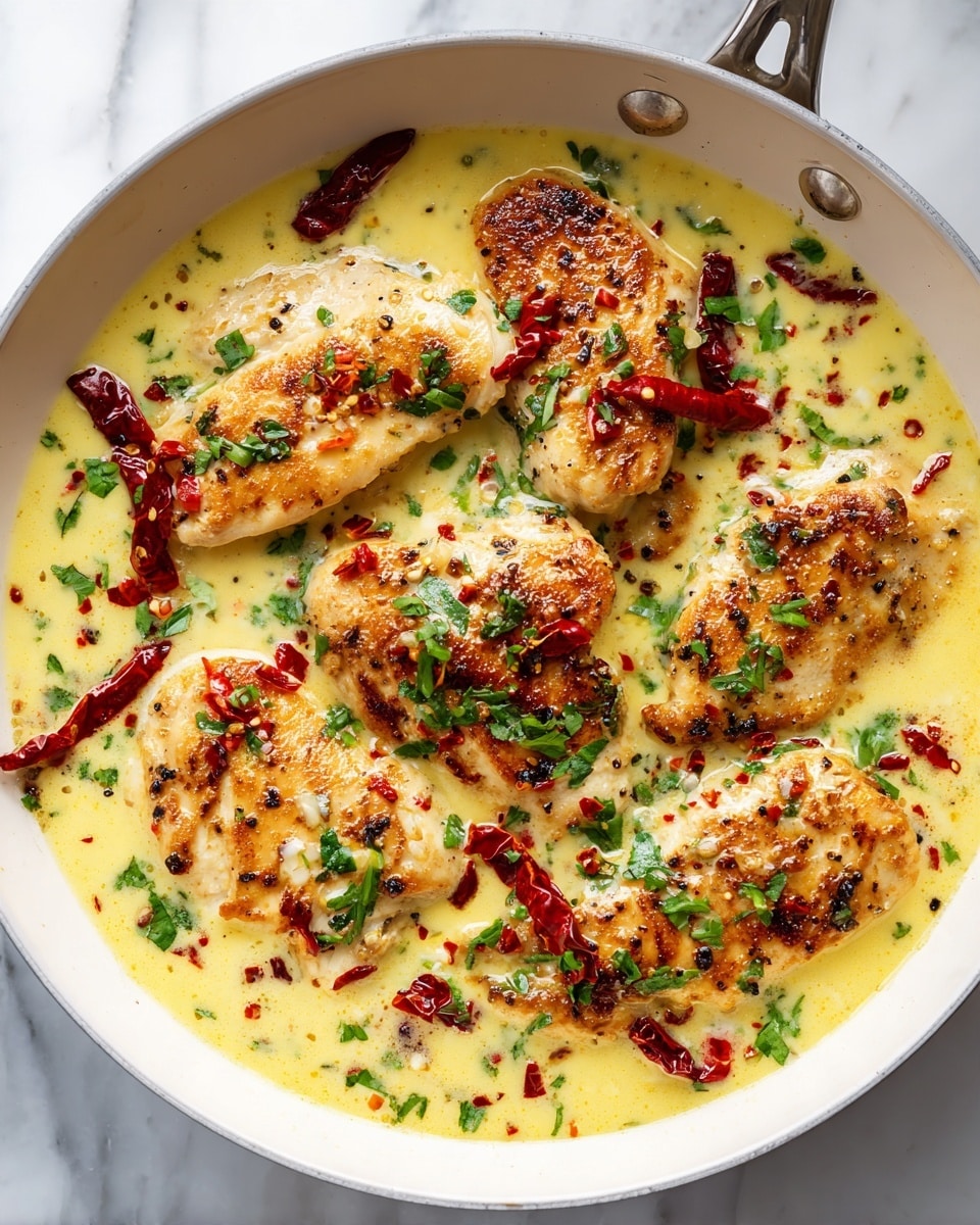 The image shows a white skillet filled with several pieces of golden brown cooked chicken resting in a creamy light yellow sauce. The sauce is smooth and shiny, with small bits of green herbs sprinkled on top and scattered pieces of dried red chili peppers. The chicken pieces have a slight crisp edge with specks of black pepper and fresh chopped green herbs on them. The skillet sits on a white marbled surface, creating a bright and clean background. photo taken with an iphone --ar 4:5 --v 7