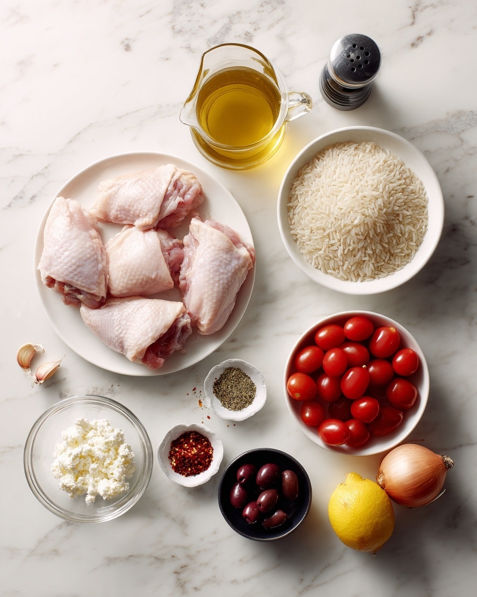 The image shows fresh raw chicken thighs placed in a circular pattern on a white plate positioned on a white marbled surface. Below them, a white bowl is filled with uncooked rice grains. To the right, a round white bowl contains many small red cherry tomatoes. An onion, a whole lemon, and a garlic bulb are placed in a loose row near these bowls. There is also a clear glass jug with golden broth or liquid, and a clear small bowl filled with white crumbled cheese. Two small black bowls hold red chili flakes and dried herbs, while another glass bowl holds dark olives. A black seasoning shaker and a bottle of white sauce or dressing are also present near the bowls. The overall setup is neat and colorful, showing each ingredient clearly. photo taken with an iphone --ar 4:5 --v 7