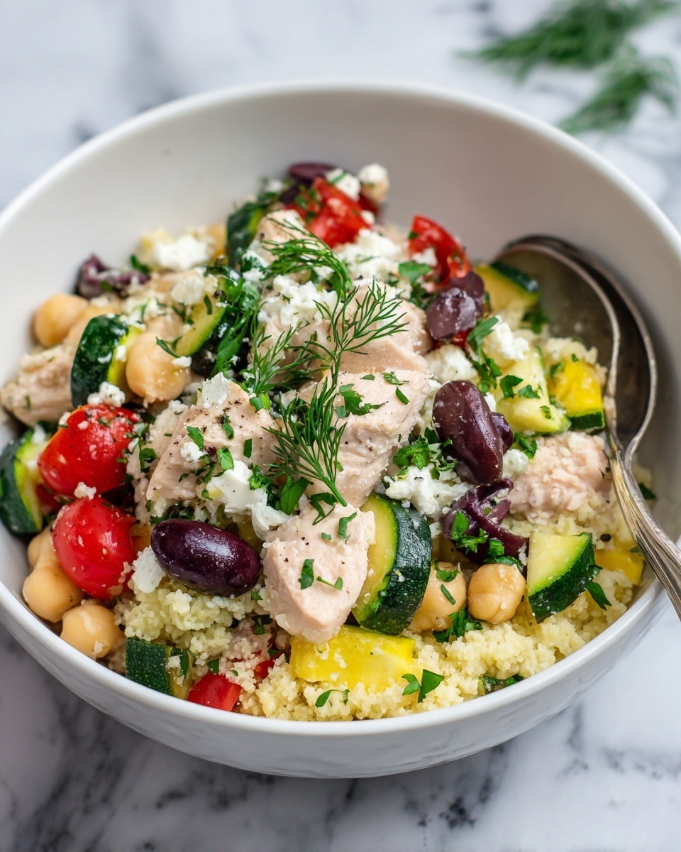 This close-up image shows a layered dish in a white bowl with a mix of colorful ingredients. The bottom layer has small light yellow grains mixed with chickpeas, topped with chunks of cooked light pink chicken, bright red cherry tomatoes, and green zucchini pieces. Scattered on top are dark purple olive slices and white crumbled cheese with a soft texture. Fresh green herbs, including dill sprigs and chopped parsley, are sprinkled over everything, adding a fresh look. The background is a white marbled texture, and a metal spoon is partially visible in the bowl. photo taken with an iphone --ar 4:5 --v 7