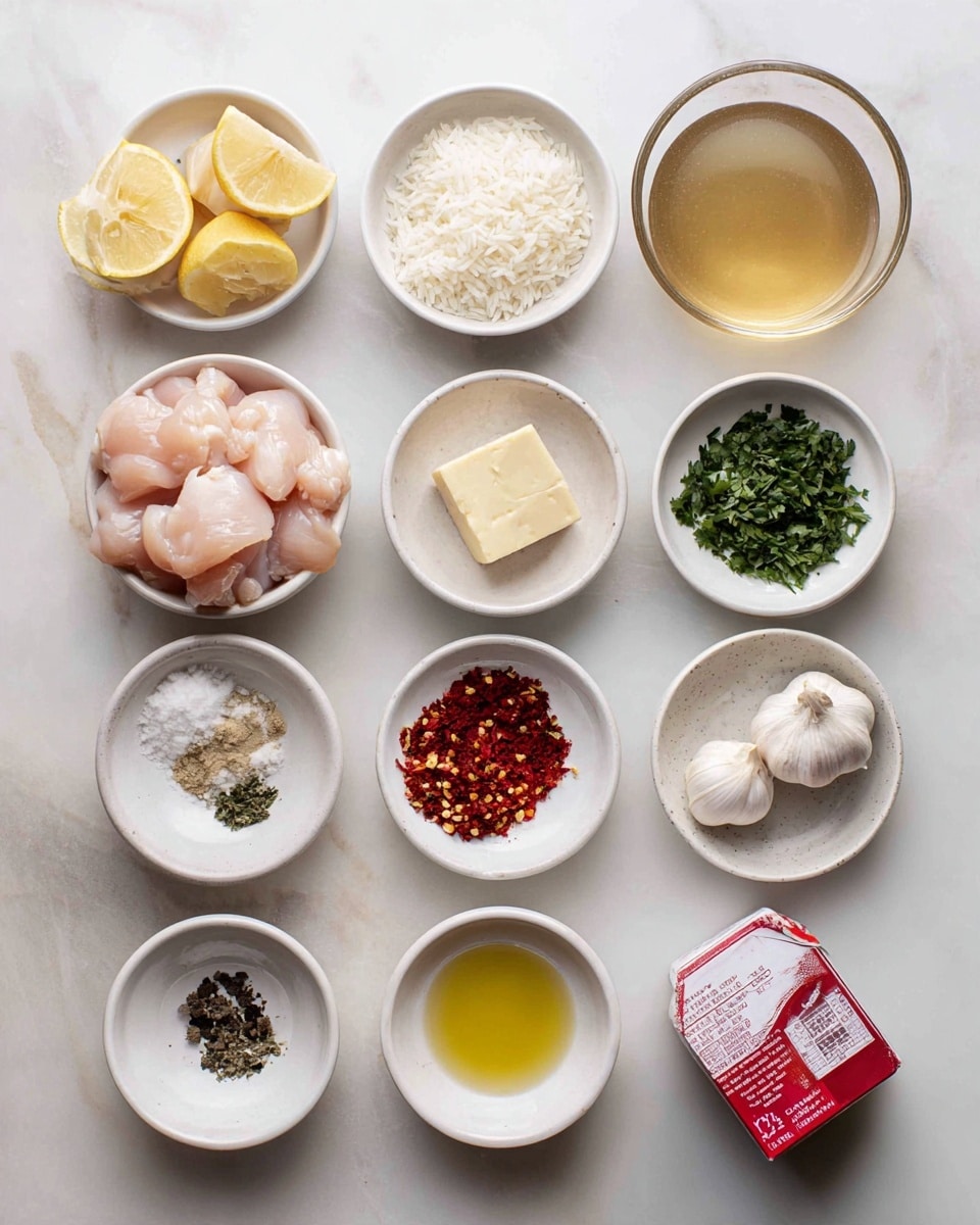 The image shows an overhead view of thirteen small white bowls arranged neatly on a white marbled surface. Each bowl contains a different cooking ingredient: raw chicken pieces with light pink color and smooth texture, a small gold-yellow block of butter, white rice grains, two garlic cloves, finely chopped fresh green herbs, red chili flakes, white salt, black peppercorns, and a pale yellow liquid, likely olive oil. A white bowl with lemon halves shows bright yellow without seeds, and a clear glass cup holds a brownish liquid, possibly broth. A small carton of red and white cream is also present. A woman's hand is gently reaching towards one of the bowls. photo taken with an iphone --ar 4:5 --v 7
