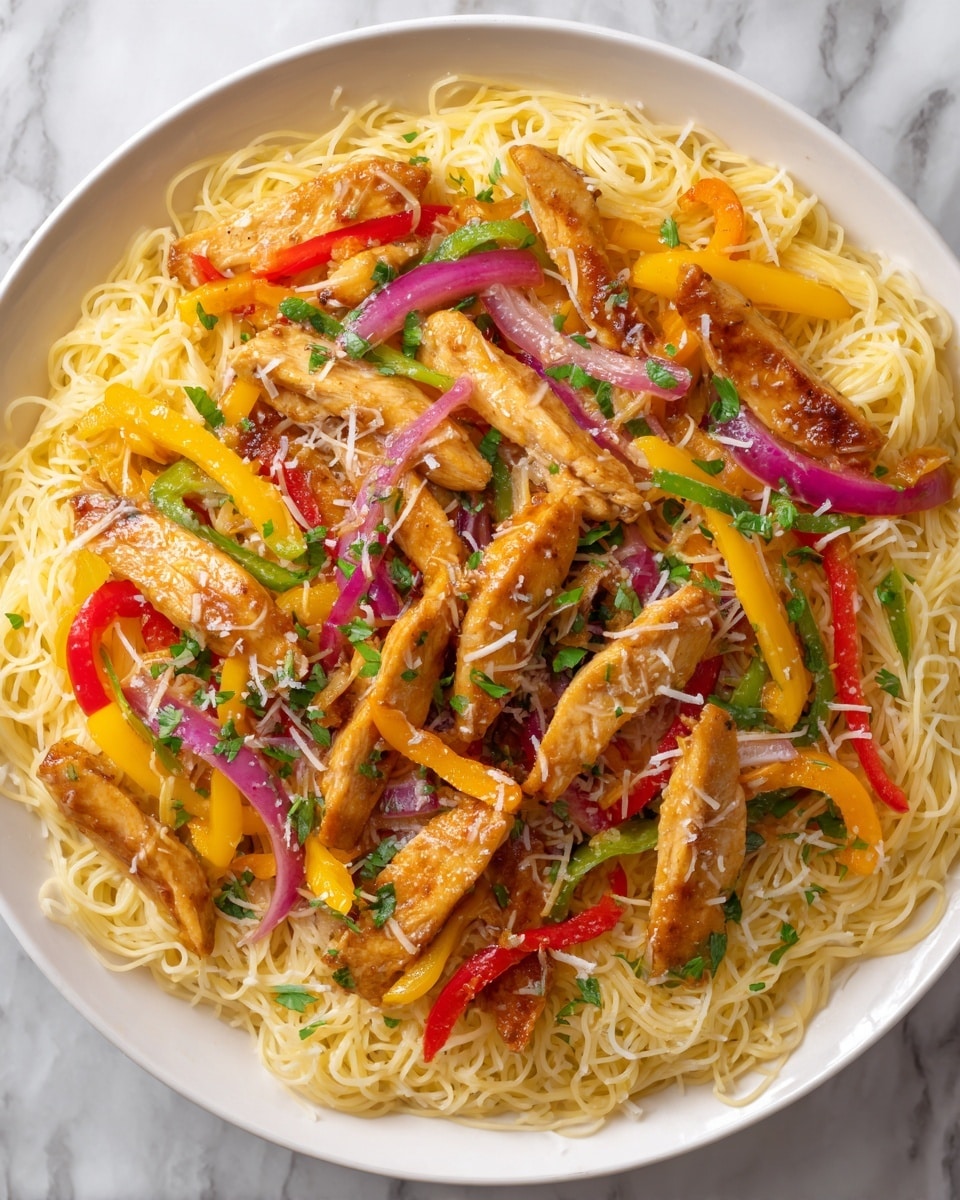 This image shows a white pan filled with thin, light yellow noodles as the base layer. On top of the noodles, there are many pieces of golden brown cooked chicken strips scattered unevenly across the dish. Mixed among the chicken are slices of bell peppers in bright red, yellow, and green colors along with thin strips of purple onion, adding bright and fresh colors around the chicken. The chicken and vegetables have small green herb pieces sprinkled over them for garnish, and there is a light sprinkle of grated white cheese on some chicken pieces. The background and surface under the pan have a white marbled texture. photo taken with an iphone --ar 4:5 --v 7