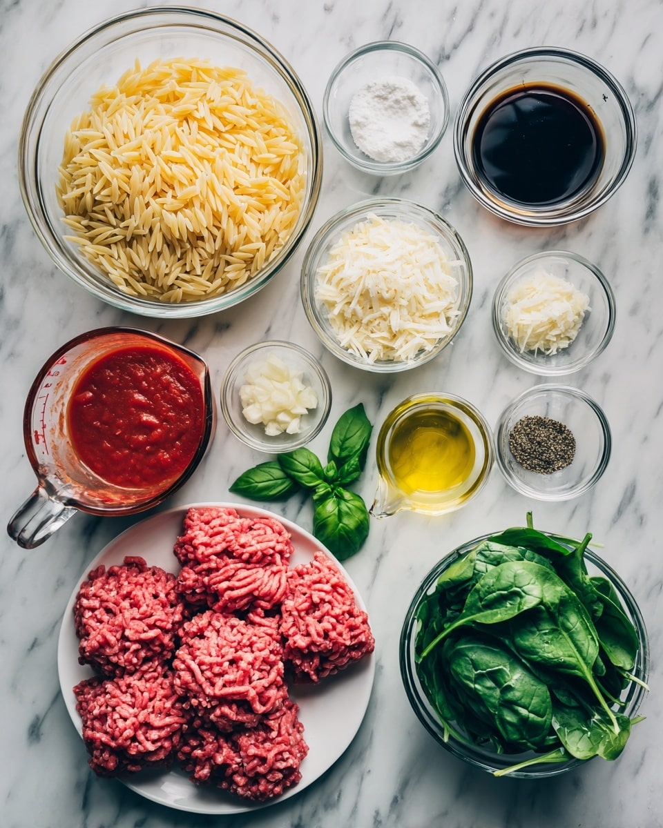 The image shows a white marble surface with several glass bowls and containers holding ingredients neatly arranged for a recipe. There are layers of raw ground meat placed on a white plate showing a deep pink color and a coarse texture. A glass bowl of uncooked orzo pasta with a light yellow color sits beside it. Another bowl contains fresh spinach leaves, bright green and slightly curled. Small glass bowls hold minced garlic, chopped onions, shredded white cheese, grated Parmesan, black pepper, and salt. A small glass of golden olive oil and a glass measuring pitcher filled with dark brown broth are also present. A jar of red tomato sauce is partially open and lying on its side. A fresh green basil leaf is placed near the center. Photo taken with an iphone --ar 4:5 --v 7