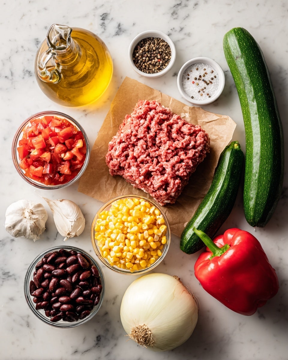 The image shows raw ingredients neatly arranged on a white marbled surface. In the center, there is a block of raw ground meat placed on brown parchment paper. Around it, in small clear white bowls, there are diced red tomatoes mixed with spices, bright yellow corn kernels, shredded yellow and white cheese, and black beans. Next to these bowls lie fresh vegetables including a whole green zucchini, a large light brown onion, a whole bulb of white garlic, and a whole red bell pepper. There are also two small glass jars of black pepper and salt, along with a glass bottle filled with golden cooking oil with a pour spout on top. The whole setup is organized with clear space among the ingredients, all brightly lit to show textures and colors clearly. Photo taken with an iphone --ar 4:5 --v 7