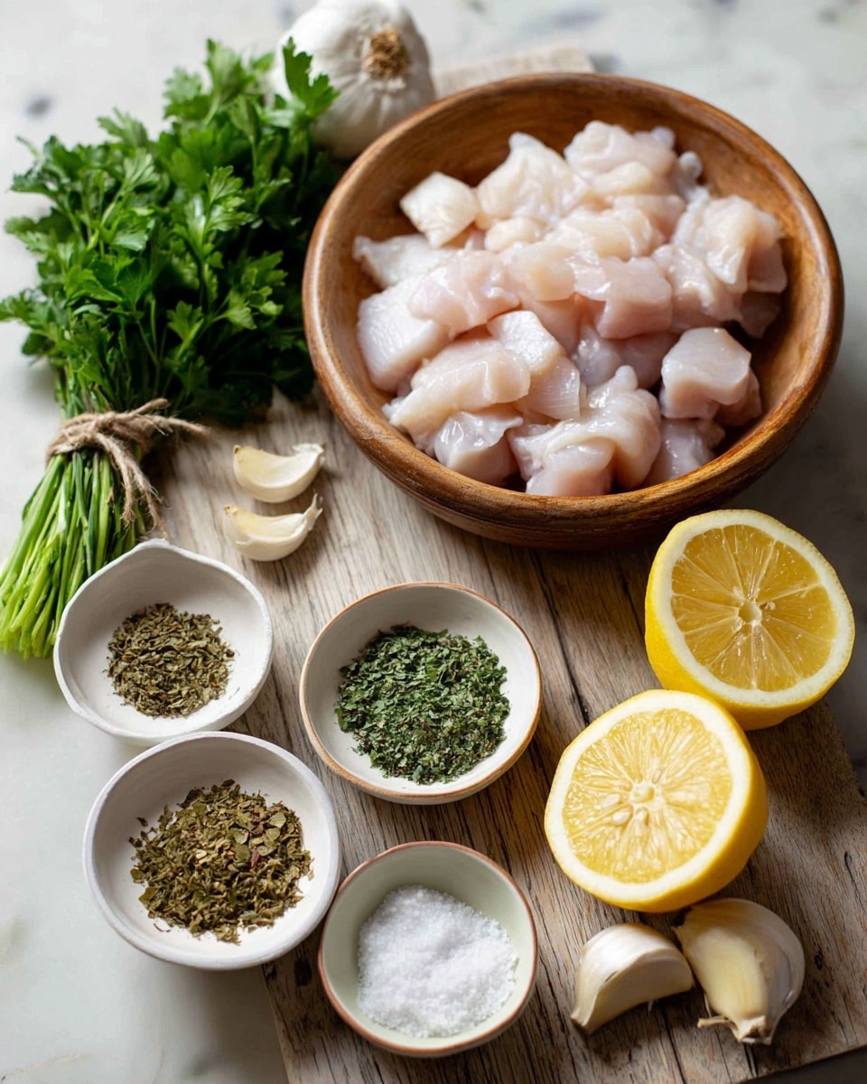 The image shows a collection of cooking ingredients on a wooden surface. At the center is a round wooden bowl filled with small pieces of raw white chicken. To the left, there is a tied bunch of fresh green parsley. Surrounding the chicken, there are small white bowls containing dried herbs, butter, dried green seasoning, and a mix of salt and pepper. On the right side, there are two lemon halves stacked and a whole garlic bulb with some peeled garlic cloves placed nearby. The background is a white marbled texture. photo taken with an iphone --ar 4:5 --v 7