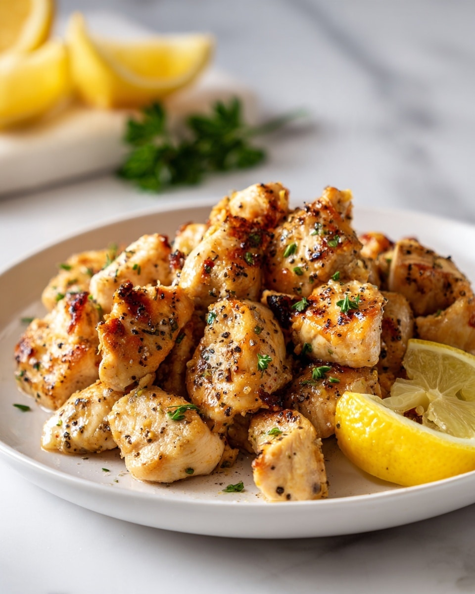 This image shows a white plate filled with small, golden-brown pieces of cooked chicken, each piece slightly crispy with a light char. The chicken pieces are seasoned with black pepper and garnished with small green herb leaves, likely parsley. There are two lemon wedges placed on the right side of the plate, adding a bright yellow color contrast. The plate sits on a white marbled surface, and in the blurred background, you can see more lemon wedges. The lighting highlights the juicy and tender texture of the chicken pieces. photo taken with an iphone --ar 4:5 --v 7