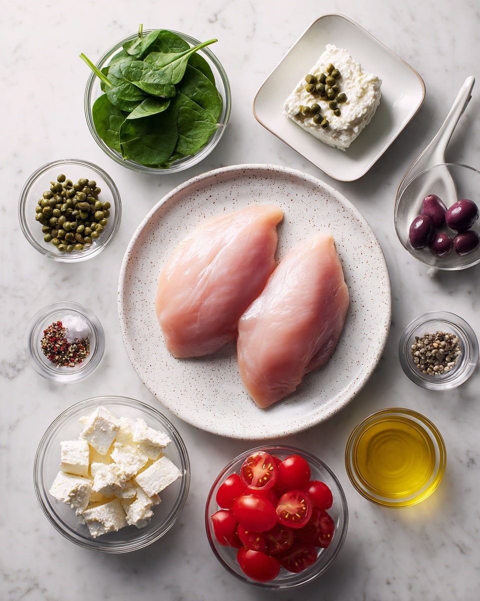The image shows two raw chicken pieces placed side by side on a white plate with a subtle speckled pattern, positioned slightly toward the center. Around the plate, arranged neatly on a white marbled surface, are small glass bowls and jars containing various ingredients: fresh green spinach leaves in a small pile on the left, a square bowl filled with white cottage cheese at the top center, a small jar of green capers to the right of the cheese, and a white spoon dish with sliced black olives further right. Below, there is a round bowl with bright red cherry tomatoes cut in half. Small glass jars of spices and a salt shaker are dispersed around, along with a bowl containing a yellowish liquid, likely oil or broth, near the bottom right. The setup is clean and organized, with natural light enhancing the fresh colors of the ingredients. photo taken with an iphone --ar 4:5 --v 7