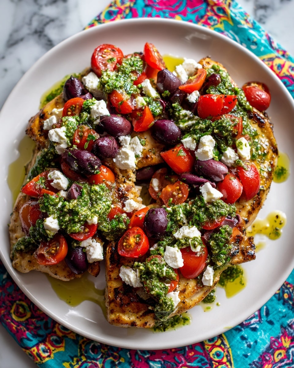 The image shows a white plate holding three pieces of golden-brown cooked chicken as the bottom layer. The chicken is topped with a bright mix of chopped red cherry tomatoes and dark purple olives, creating a colorful second layer. Scattered white crumbles of feta cheese add texture and contrast on top. Green pesto sauce is drizzled evenly over all the layers, giving a fresh herb touch. The plate is placed on top of a colorful patterned cloth, and the background is a white marbled surface photo taken with an iphone --ar 4:5 --v 7