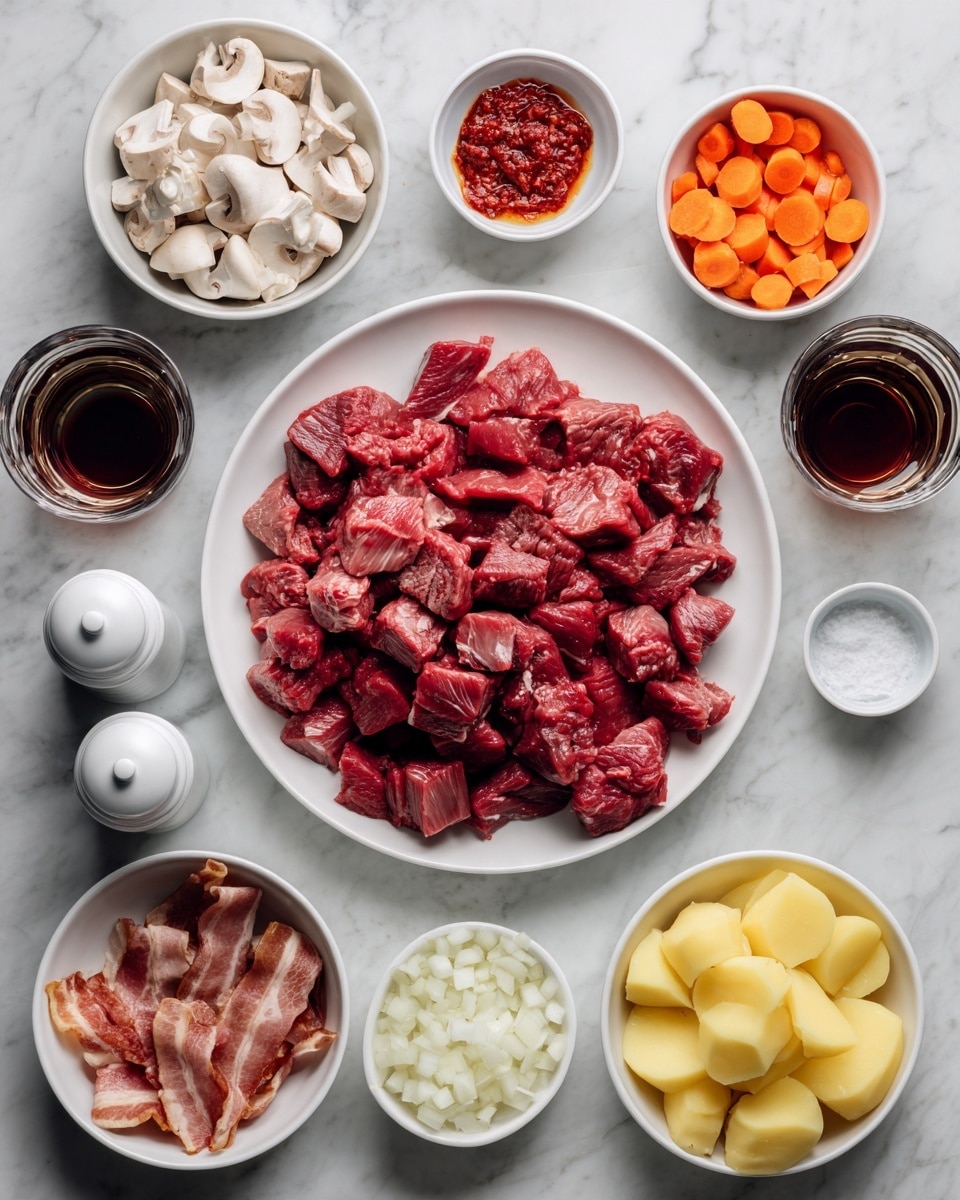 The image shows a white marbled surface with a neatly arranged display of ingredients for cooking. In the center is a white plate filled with raw, chunky pieces of red meat. Surrounding this central plate are small white bowls holding various ingredients: sliced white mushrooms in the top left, minced garlic below a small bowl of red paste at the top center, and sliced orange carrots on the right side. Below the carrots is a bowl with halved yellow potatoes, and next to it is a smaller white bowl filled with small white diced onions. To the bottom left is a white bowl containing raw bacon strips. There are two clear glasses with dark red and amber liquids placed near the corners of the meat plate. A pair of white salt and pepper shakers are positioned between the onions and the mushrooms. The overall arrangement is clean and balanced, with each ingredient clearly visible against the white marbled surface. photo taken with an iphone --ar 4:5 --v 7
