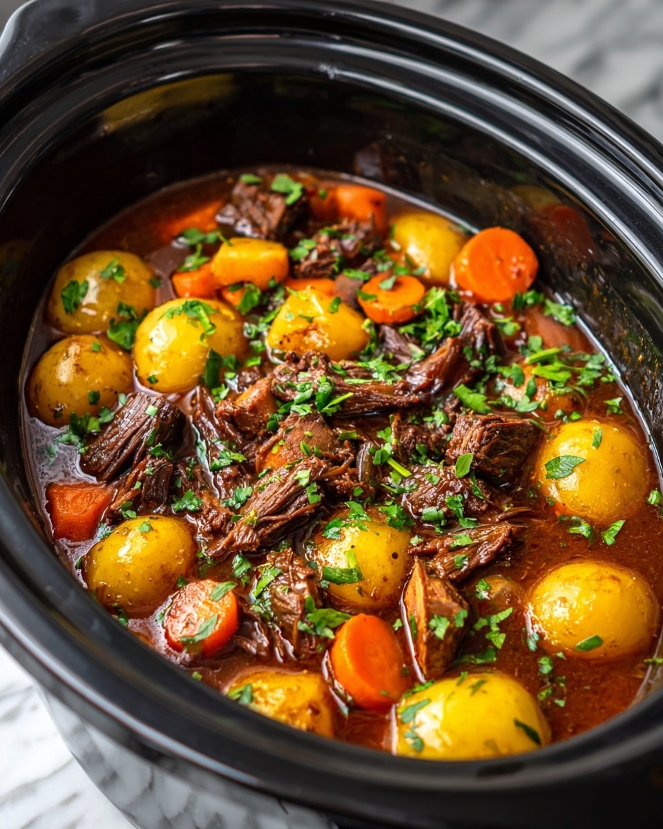 The dish is a hearty stew served inside a black slow cooker. It shows chunky pieces of dark brown meat with a slightly rough texture, mixed with small yellow potatoes and sliced orange carrots. The stew has a thick dark brown broth filling the slow cooker almost to the top. Bright green chopped herbs sprinkle across the surface, adding fresh color throughout. The slow cooker rests on a white marbled surface. photo taken with an iphone --ar 4:5 --v 7
