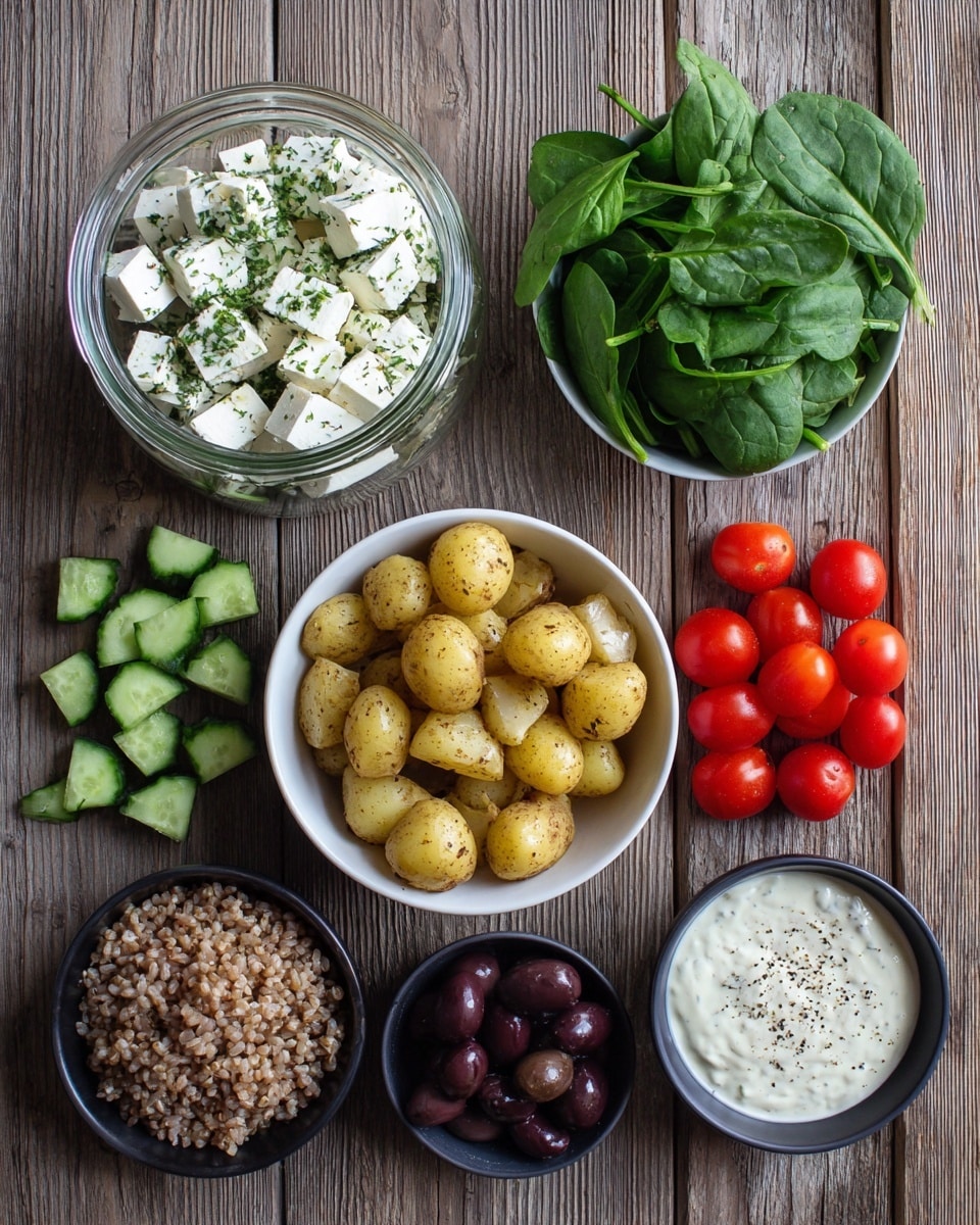 The image shows an overhead view of a wooden surface with an arrangement of fresh ingredients: a jar filled with white cheese cubes sprinkled with herbs at the top left, chopped green cucumber pieces scattered below, a few dark purple olives and fresh green spinach leaves at the top right, a white bowl filled with small golden-brown potatoes in the center, bright red halved cherry tomatoes on the right side, a black bowl of cooked brown grains at the bottom left, and a white cup of creamy dressing with black pepper on top at the bottom right. The overall colors are natural and fresh, with vibrant greens, reds, and earthy tones. photo taken with an iphone --ar 4:5 --v 7