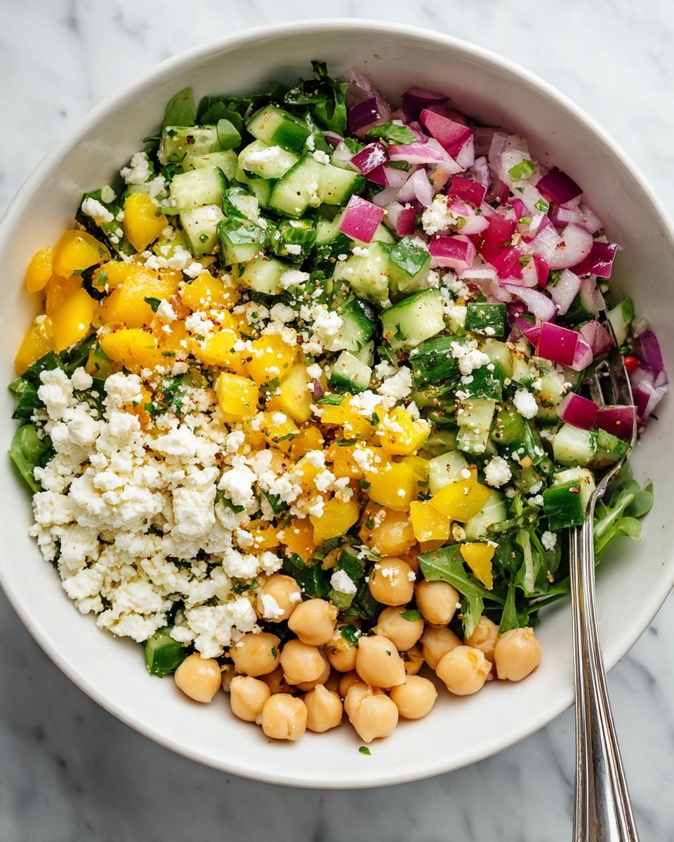 A close-up view of a colorful salad in a white bowl showing three main layers. The base layer has small, light beige chickpeas scattered around. The middle layer contains chopped veggies including dark green cucumber chunks, bright yellow bell pepper pieces, red onion squares, and finely chopped green leafy herbs. The top layer is crumbled white cheese spread evenly over the salad. The textures are fresh and moist with some softness from the cheese and crunch from the vegetables. A silver fork is placed inside the bowl on the right side, partially submerged in the salad. The bowl sits on a white marbled surface. Photo taken with an iphone --ar 4:5 --v 7