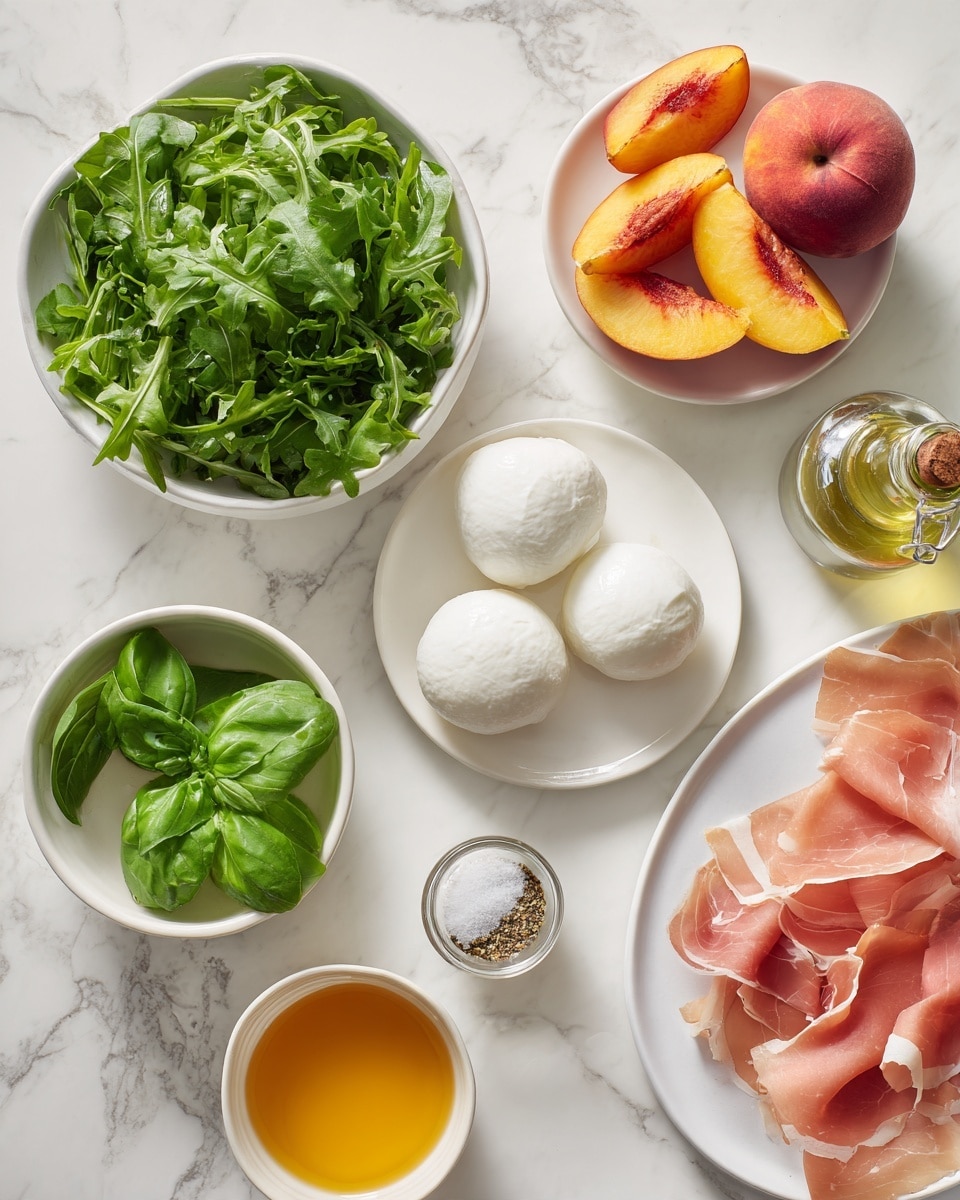 The image shows an overhead view of several small white bowls and plates arranged on a white marbled surface. One bowl contains fresh green arugula leaves, another bowl holds sliced yellow and red peaches. There are two round white mozzarella balls placed on a small white plate. A small white bowl has fresh green basil leaves, and another small white bowl has an orange-yellow liquid, likely oil. Two slices of pink prosciutto are laid on a white plate. Small glass containers with coarse salt and pepper and a small bottle of balsamic glaze complete the arrangement. The scene is clean and bright, with each item clearly visible and spaced. Photo taken with an iphone --ar 4:5 --v 7