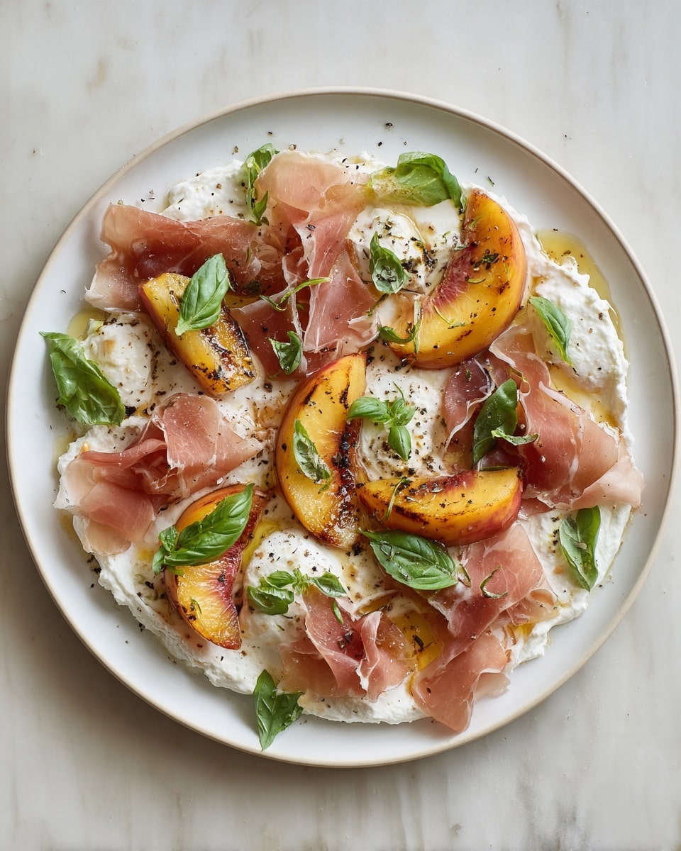 The dish shows a white round plate filled with several layers: the bottom layer has light pink thin slices of prosciutto spread unevenly, on top are golden-brown roasted peach wedges with charred marks giving a textured look, scattered dollops of creamy white ricotta cheese add a soft contrast, and fresh green basil leaves are placed randomly on the top, adding freshness and color. The peach wedges have a slightly shiny look indicating a light glaze or oil, and the entire dish is sprinkled lightly with black pepper and little leaves for garnish, all sitting on a white marbled textured surface. photo taken with an iphone --ar 4:5 --v 7