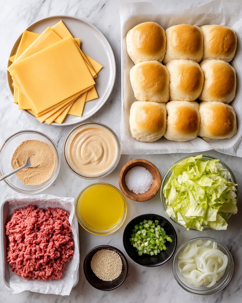 The image shows ingredients arranged neatly on a white marbled surface. There is a white plate holding a stack of yellow sliced cheese with the slices fanned out. Next to it on the right is a square white tray filled with twelve golden brown bread rolls, fresh and soft. Below the cheese, a glass bowl is filled with light brown creamy sauce, with a small spoon containing a pale orange powder beside it. A small white bowl of bright yellow liquid is near the center, flanked by a wooden bowl of coarse white salt and another wooden bowl with black pepper. To the right, a clear glass bowl holds chopped light green lettuce. At the bottom left, raw red ground meat rests in a white tray lined with parchment paper. Next to it are three smaller bowls: one black bowl with light brown sesame seeds, a white bowl with green pickle slices, and a glass bowl with chopped white onions. Everything is cleanly organized and ready for making a meal, photo taken with an iphone --ar 4:5 --v 7