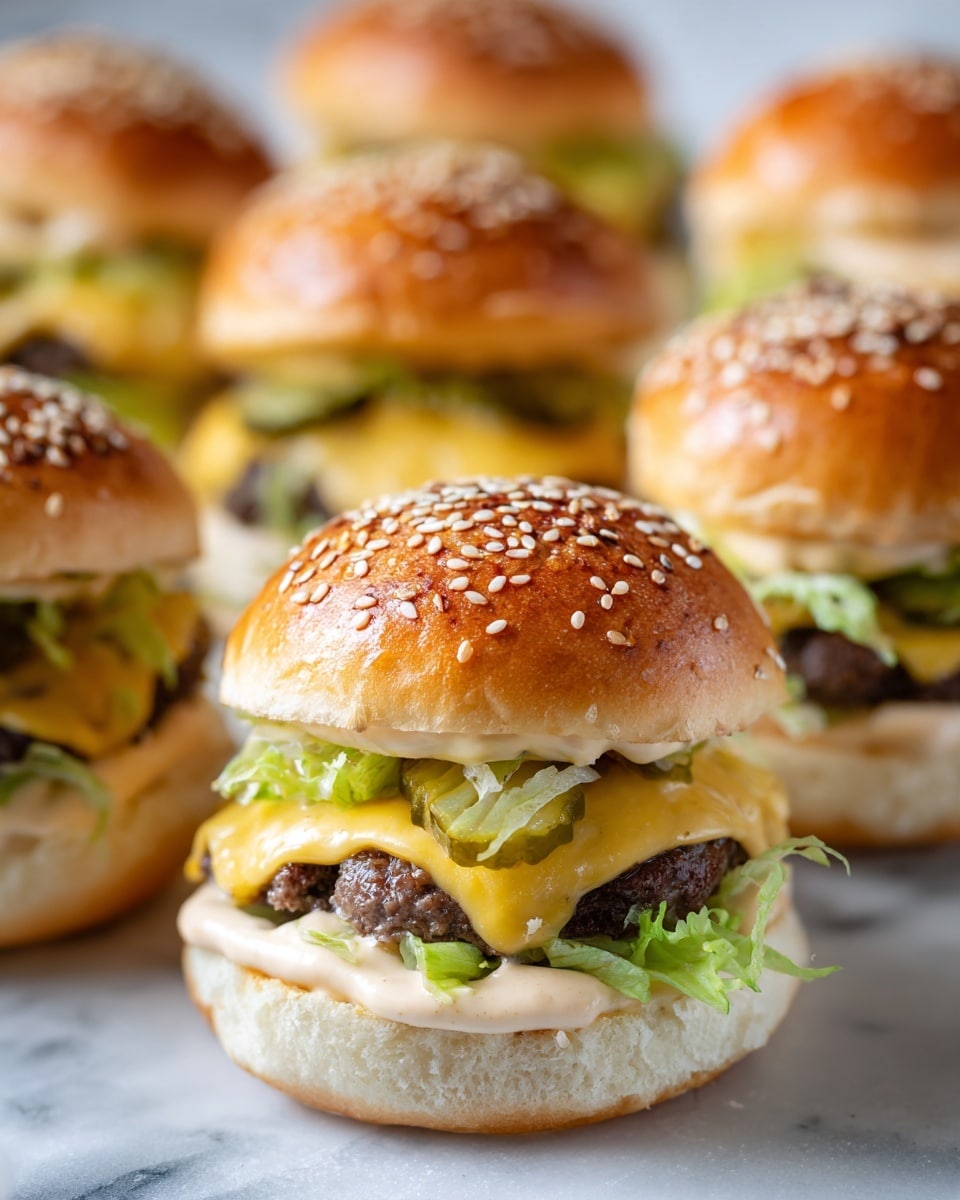 The image shows a close-up of mini burgers with three visible layers stacked in each. The bottom layer is a soft white bun, the middle is a cooked beef patty with melted light yellow cheese oozing slightly, topped by bright green pickles and shredded lettuce, followed by a creamy sauce and the top is a golden brown soft bun dotted with white sesame seeds. The burgers are arranged closely together on a surface with a white marbled texture. Photo taken with an iphone --ar 4:5 --v 7