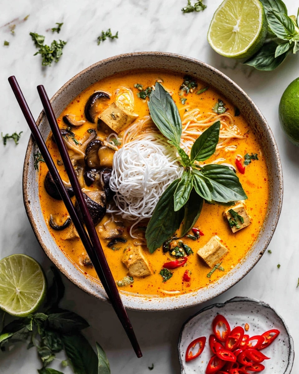 A deep bowl filled with orange creamy soup, with visible chunks of tofu on the left side and scattered pieces of dark mushrooms around. Two lime wedges sit on the right side of the bowl, with small red chili rings placed near them. In the middle on top, there is a small pile of shredded white noodles lifted slightly with dark chopsticks resting on the bowl’s edge. Fresh green basil leaves decorate the top surface with a few scattered green herbs. The bowl sits on a white marbled surface, with a small white plate filled with red chili slices and fresh basil leaves nearby, along with a whole lime and a lime wedge at the bottom. photo taken with an iphone --ar 4:5 --v 7
