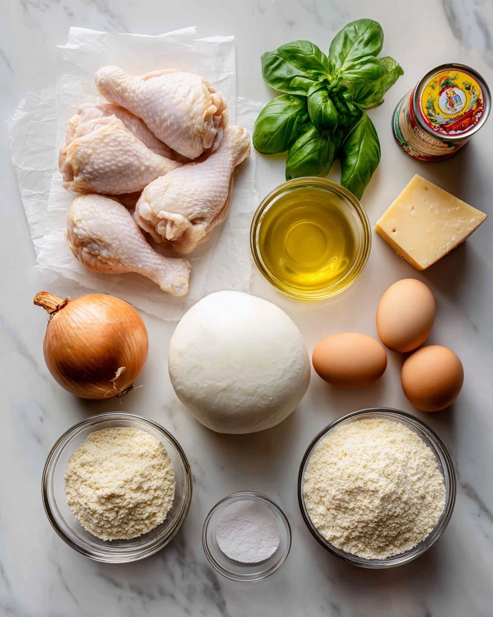 The image shows a flat lay of cooking ingredients on a white marbled surface. There are five raw chicken pieces placed on white parchment paper on the left side. To the right, fresh green basil leaves sit above a small glass bowl of golden olive oil, a whole garlic bulb, and a large white ball of mozzarella cheese. Below these items are a whole brown onion, a small glass bowl of white granulated seasoning, a larger glass bowl filled with light beige breadcrumbs, and another bowl containing white flour. Two brown eggs and a block of hard yellow cheese, likely Parmesan, complete the arrangement. On the top right corner, there is a colorful can of crushed tomatoes with a yellow background. photo taken with an iphone --ar 4:5 --v 7