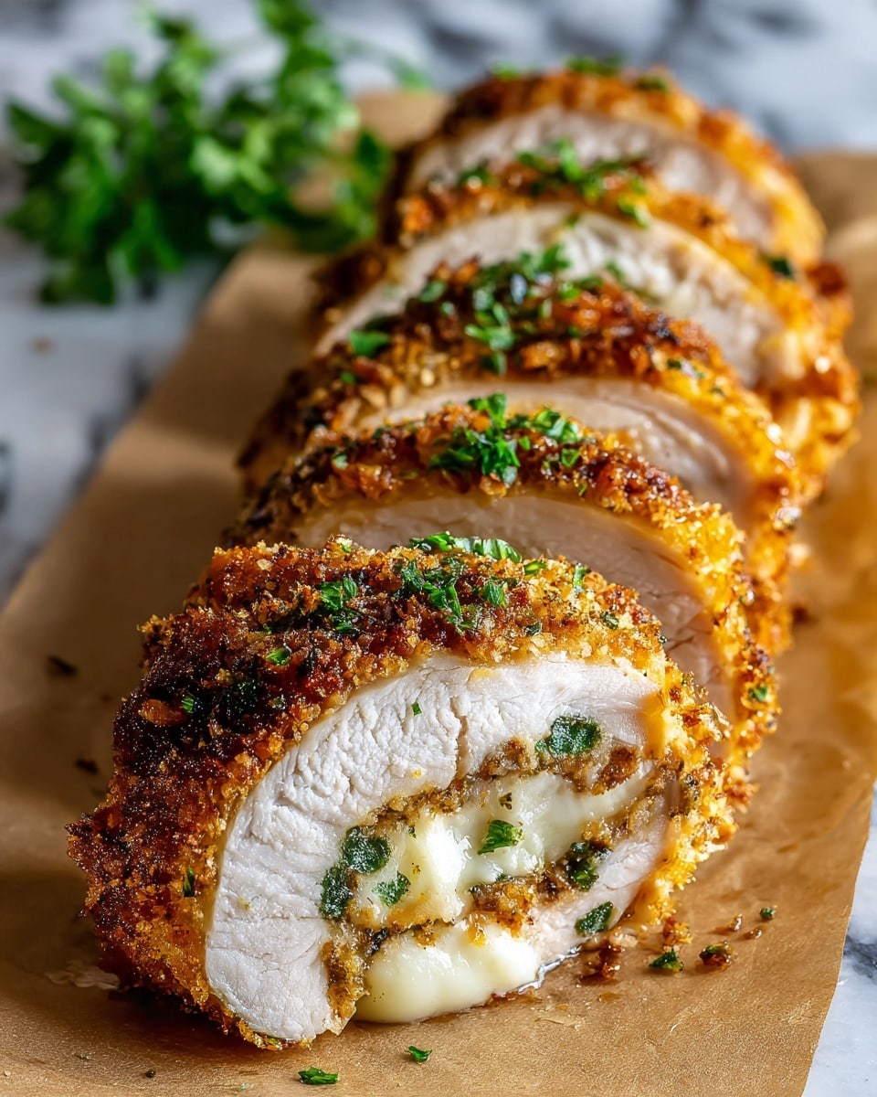 The image shows a sliced breaded chicken arranged in a row on brown paper. The chicken has three layers: a crispy golden-brown outer layer, a white cooked chicken layer, and a creamy white cheese layer in the middle. Small green herb pieces are sprinkled inside the cheese layer and over the top of the chicken, adding texture and color contrast. The background includes a white marbled surface with a small bunch of green herbs slightly blurred in the back. The edges of each chicken slice are rough and crunchy, showing a toasted breadcrumb coating photo taken with an iphone --ar 4:5 --v 7