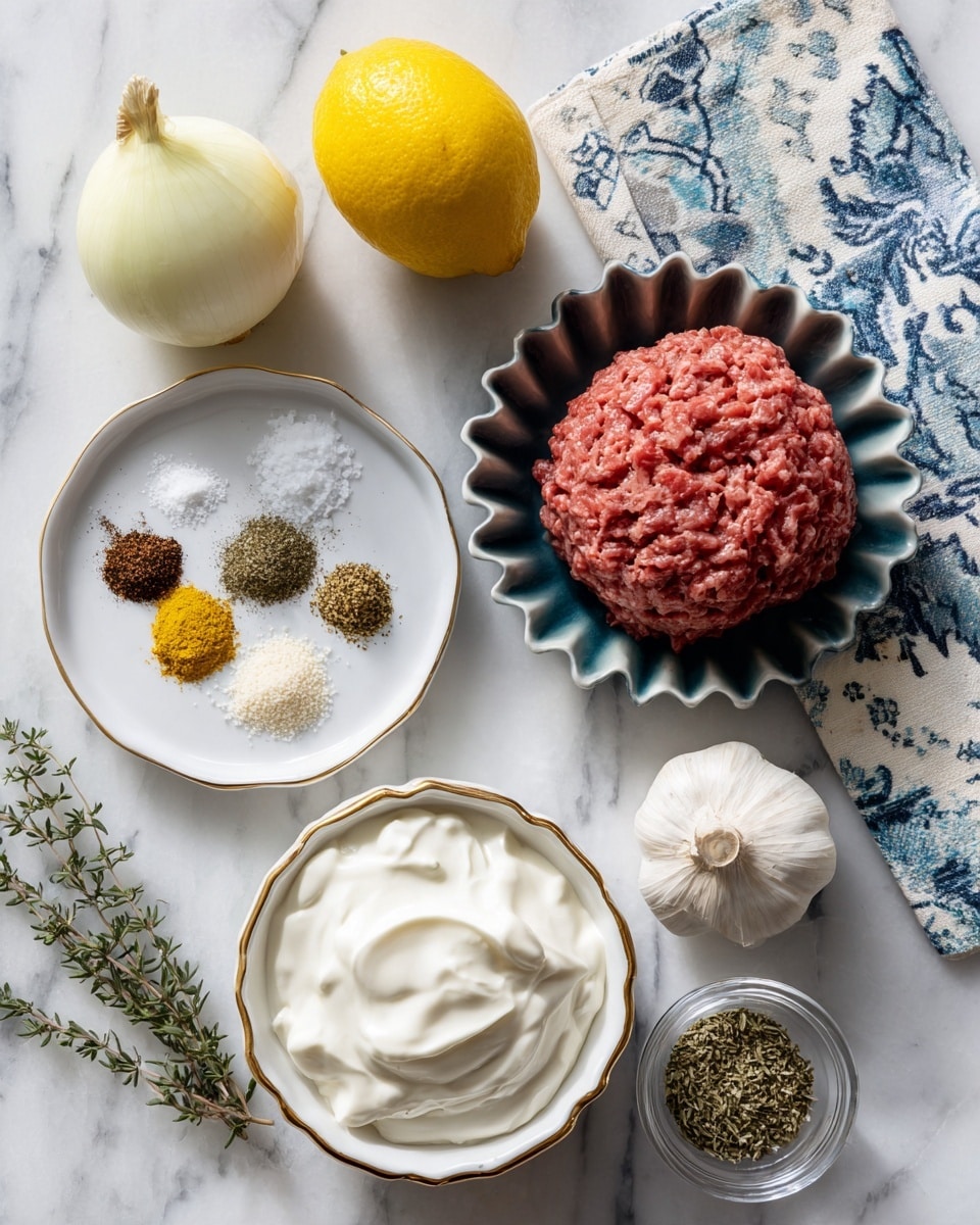 On a white marbled surface with a soft blue and white patterned cloth underneath, there is an arrangement of ingredients. A peeled yellow onion sits near the top left, next to a bright yellow lemon positioned slightly above the center. To the right, a small white plate holds five distinct layers of spices, including black pepper, cinnamon, dried green herbs, ginger powder, and salt, arranged side by side. Below these, a white bowl with a golden rim is filled with smooth, creamy white yogurt. In the middle of the image, a dark scalloped bowl holds a mound of raw red ground meat with a rough texture. To the bottom right, a whole garlic bulb rests next to a single peeled white garlic clove. Nearby, a small glass container holds dried oregano. photo taken with an iphone --ar 4:5 --v 7
