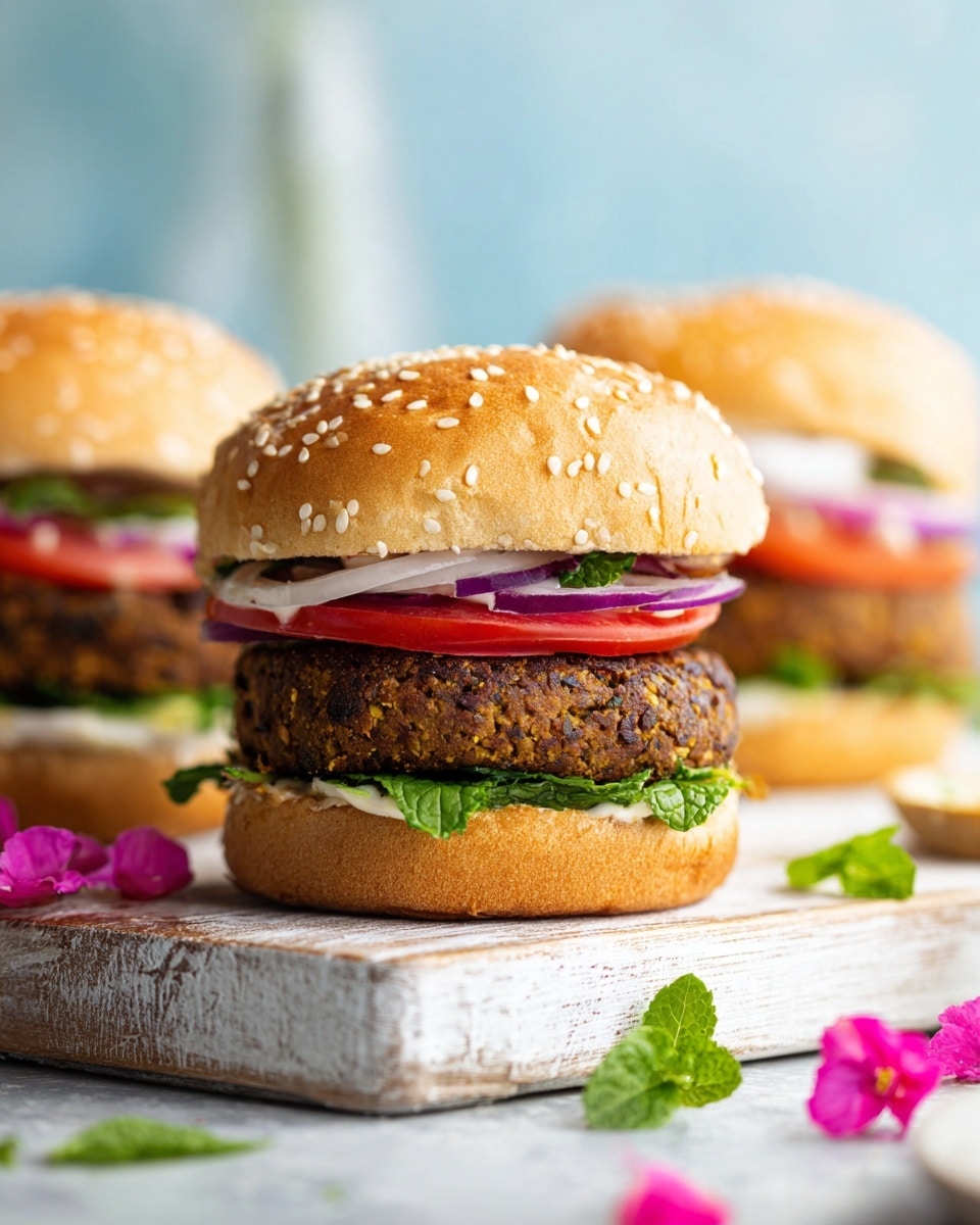 A close-up of a burger on a wooden board with a white marbled surface underneath. The burger has three main layers under a sesame seed bun: a thick brown patty at the top, below it are slices of red tomato and white onion, and underneath is a layer of green lettuce. Small pink flower petals and bright green mint leaves are placed around the board giving a fresh look. The sesame seed bun is golden and shiny, showing a soft texture. Another burger is partially visible in the background, and both are set against a soft blue background. photo taken with an iphone --ar 4:5 --v 7
