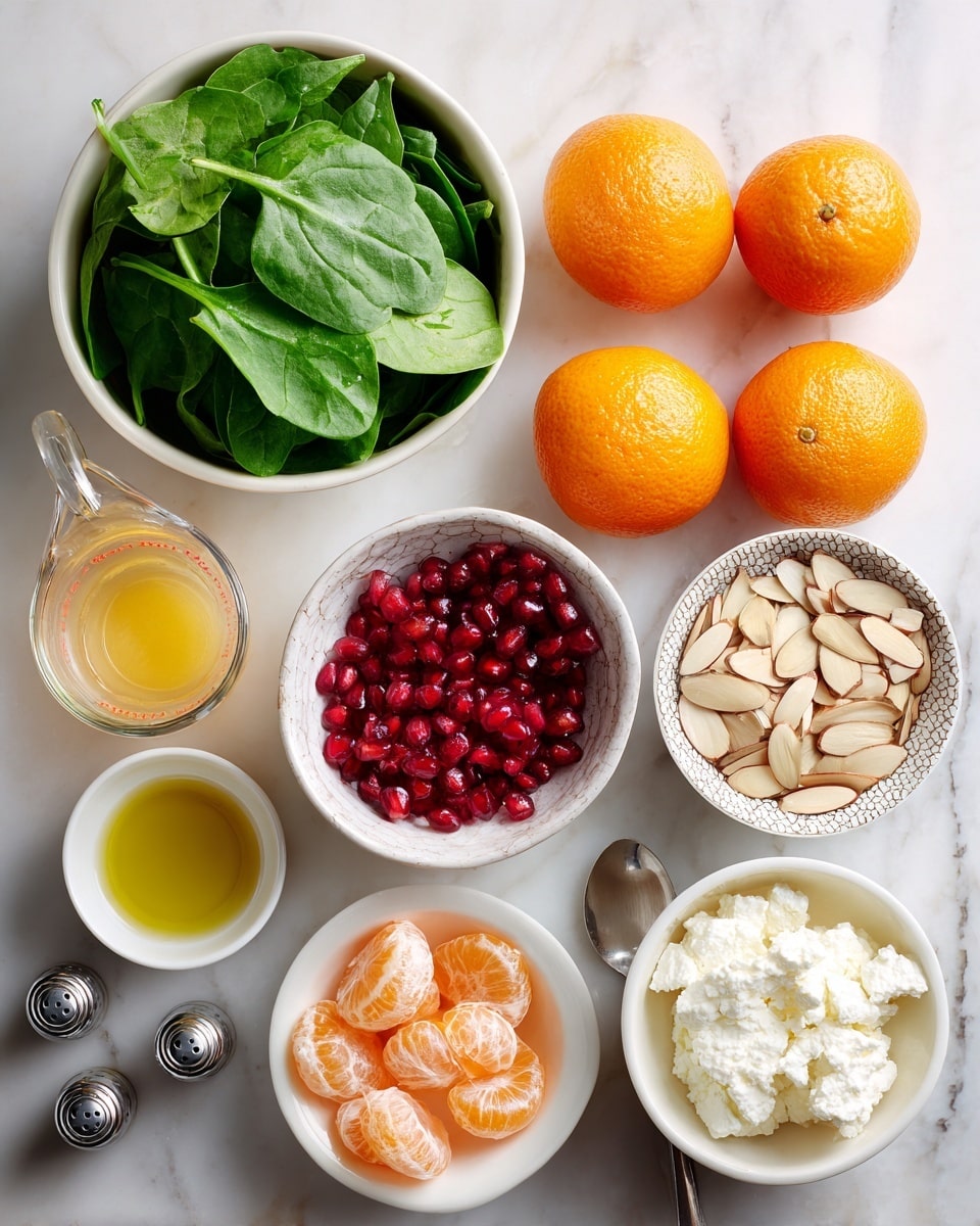 The image shows ingredients laid out on a white marbled surface arranged in a neat grid. At the top left is a round white bowl filled with fresh green spinach leaves. To its right is a clear glass measuring cup with bright orange juice. Below the spinach bowl, three whole bright orange tangerines sit in a vertical row. In the center is a white bowl full of shiny red pomegranate seeds. To the right of the seeds, there is a patterned white bowl filled with white cottage cheese. Beneath the tangerines, several peeled tangerine segments are scattered. Below the pomegranate seeds is a small white bowl with light brown, sliced almonds. To the right of that is a small white bowl of golden yellow oil. At the bottom left, there is a small metal measuring spoon holding a light-colored liquid, next to a set of small salt and pepper shakers. Finally, on the far bottom right, a small white bowl contains a translucent liquid. photo taken with an iphone --ar 4:5 --v 7