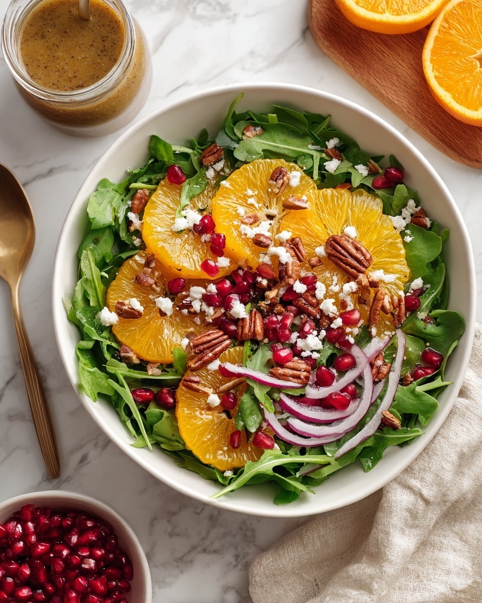 A white bowl filled with fresh green arugula leaves as the base layer, topped with slices of bright orange citrus segments scattered evenly. On top, there are glistening red pomegranate seeds spread throughout along with light purple thinly sliced onion pieces. Small white crumbles of cheese and brown pecans are sprinkled on top, adding texture and color contrast. The bowl sits on a white marbled surface, with a small glass jar of light brown dressing nearby and a wooden board holding half an orange and a small bowl of pomegranate seeds in the background. Photo taken with an iphone --ar 4:5 --v 7