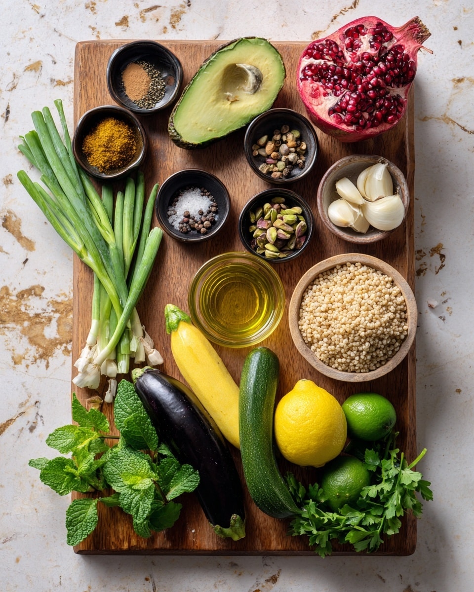 A wooden cutting board is filled with fresh ingredients arranged neatly. On the left side, there are green onions, fresh mint leaves, and an avocado cut in half showing its smooth green inside and large brown seed. Above them are small black bowls containing ground spices in yellow and brown, coarse salt, black pepper, and pistachio nuts. In the middle, there are cloves of garlic, a clear glass bowl with golden olive oil, two zucchinis—one green and one yellow—two dark purple eggplants, and a bowl filled with light brown couscous grains. At the top right, there is a fresh red pomegranate, a lemon half, a green lime, and a bunch of parsley with bright green leaves. The surface under the board has a white marbled texture. photo taken with an iphone --ar 4:5 --v 7