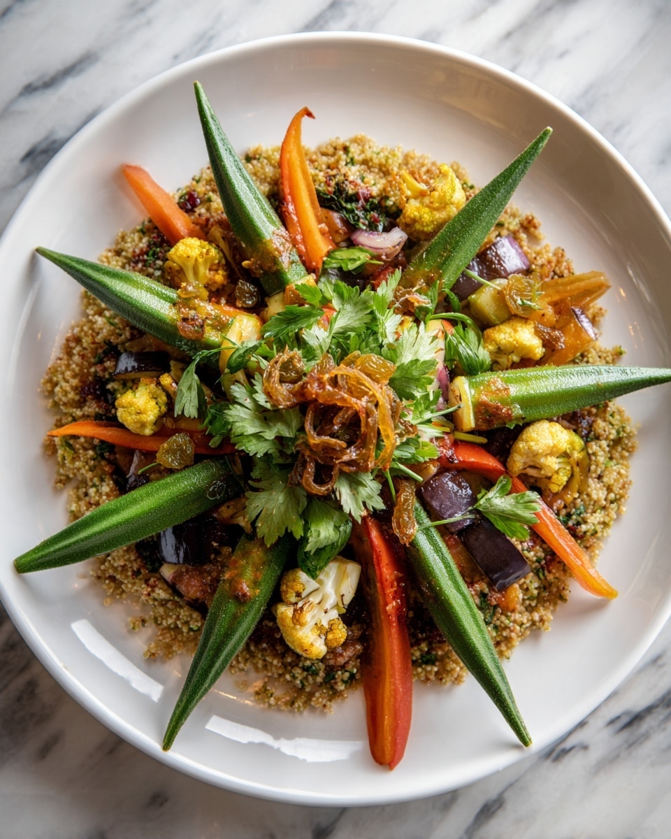 A white plate filled with a colorful vegetable dish arranged on a bed of light brown grain. The base layer is made of tiny grain pieces spread evenly across the plate. On top, bright green whole okra pods are placed in a star shape radiating from the center. Mixed around the okra are chunks of vegetables including orange carrots, white cauliflower florets, red bell pepper pieces, and dark green or purple eggplant slices. In the center, there is a small heap of caramelized thinly sliced onions and golden raisins with a sprig of fresh green parsley on top. The surface beneath the plate is a white marbled texture photo taken with an iphone --ar 4:5 --v 7