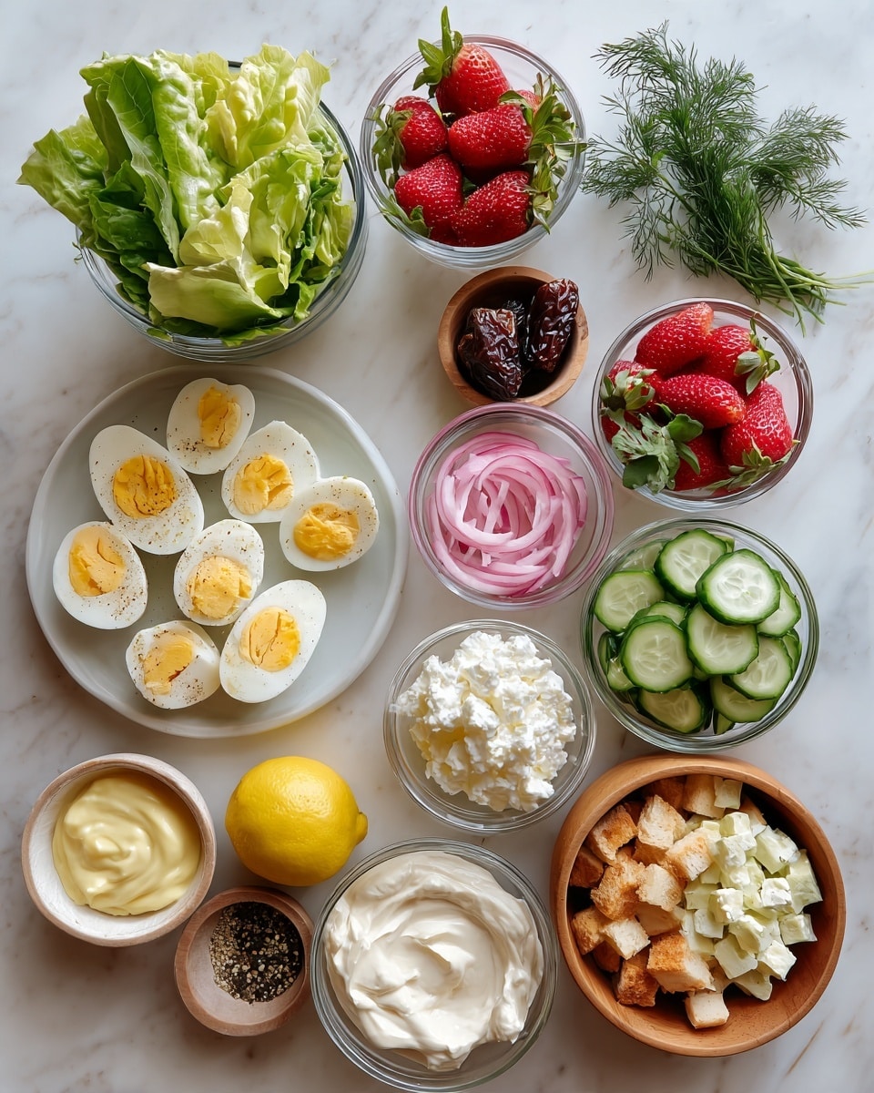 The image shows many small bowls and containers with fresh food ingredients placed on a white marbled surface. There are green lettuce leaves in a clear container at the top left and bright red strawberries in another clear container to the right. A small glass bowl with dark chopped dates sits near the strawberries. Below these, there is a white bowl with thin, pink pickled onions, next to a small metal bowl filled with crumbled white cheese. A halved yellow lemon lies beside a clear bowl of thick white yogurt. Toward the bottom center, there is a wooden bowl holding green cucumber slices layered neatly, and a glass bowl with golden brown croutons. Nearby is another clear bowl with creamy mayonnaise. On the left side, a white plate holds sliced boiled eggs garnished with black pepper and a small pile of mixed salt and pepper in a glass bowl. Fresh green herbs including basil and dill are gathered in a small wooden bowl, and half of an avocado with its seed is set on the bottom right. The colors are fresh and bright with green, red, white, and yellow tones, all on a clean white marbled background. Photo taken with an iphone --ar 4:5 --v 7