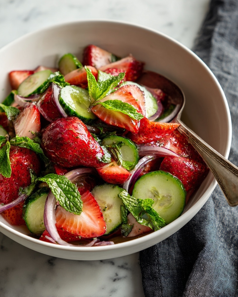 A white bowl filled with a bright salad showing three main layers: large pieces of red strawberries with green leaves, light green cucumber slices with dark green edges, and thin slices of purple-red onions scattered evenly. Mixed in are fresh green mint leaves adding bright green spots. The salad has a slightly glossy texture suggesting a light dressing. A silver spoon is partially placed on the right side inside the bowl, and the bowl is set on a white marbled surface with a dark cloth underneath on the right side. Photo taken with an iphone --ar 4:5 --v 7