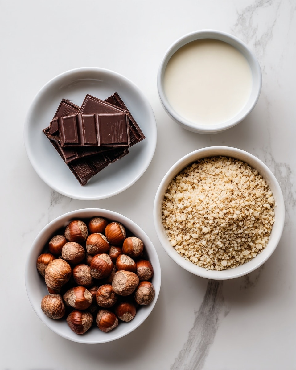 The image shows four small white bowls placed on a white marbled surface. The top left bowl contains thin pieces of dark chocolate stacked on top of each other, showing a smooth and slightly shiny texture. To the right, there is a small white bowl filled with creamy white milk. Below the milk, another white bowl holds light to dark brown ground hazelnuts with a coarse texture. On the bottom left, a white bowl is filled with whole hazelnuts that are brown with some lighter spots, showcasing a rough and round texture. The arrangement of bowls is neat and evenly spaced. photo taken with an iphone --ar 4:5 --v 7
