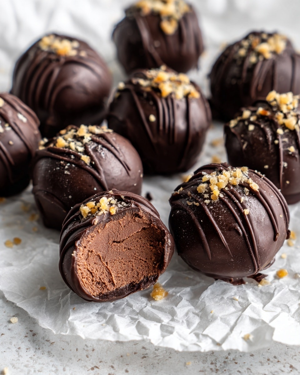 The image shows a group of round dark chocolate truffles arranged on crinkled white paper placed on a white marbled surface. Each truffle has a smooth, glossy dark chocolate outer layer with a slight uneven texture and thin chocolate drizzle lines over the top. Small pieces of crushed nuts are sprinkled on the top and around the truffles. One truffle near the center is broken in half, showing two inner layers: a darker solid chocolate core and a thick, rich chocolate filling with a firm texture. Photo taken with an iphone --ar 4:5 --v 7