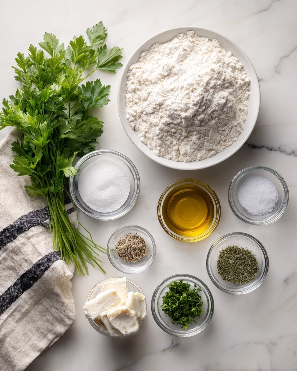 The image shows a top-down view of a baking setup on a white marbled surface. There is one large round white bowl filled with white flour positioned near the top center. Surrounding it are six small clear glass bowls containing various ingredients: white sugar, coarse salt, yeast, olive oil, a white creamy ingredient, and pepper with herbs. A bunch of fresh green parsley is placed on the left side, along with a striped black, white, and cream kitchen towel in the top left corner. photo taken with an iphone --ar 4:5 --v 7
