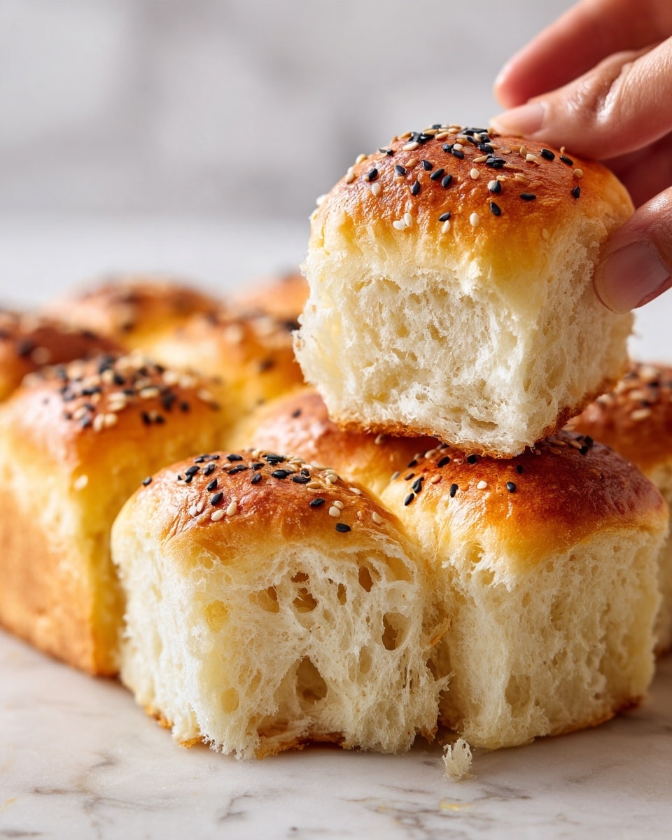 The image shows a close-up of soft, fluffy bread cut into square pieces. The bread has a golden brown top sprinkled with small black sesame seeds. The inside looks airy with many small holes in the light, creamy crumb. One piece is slightly lifted and held by a woman's hand, showing the thick, soft texture. The background is a white marbled texture. photo taken with an iphone --ar 4:5 --v 7