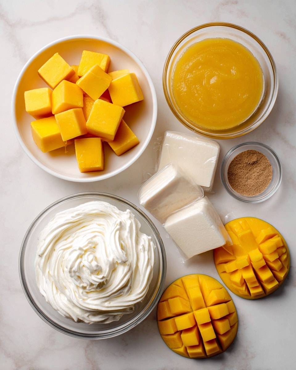 The image shows several ingredients arranged on a white marbled surface. At the top left, there is a white bowl filled with bright yellow mango cubes. To its right, a clear glass bowl contains smooth, thick mango puree in a deep yellow color. Below the bowl with mango cubes, there are two packages of unflavored gelatin, both in white and light brown colors. Next to the gelatin, a small clear bowl holds a brownish powder. At the bottom right, half a mango is cut into large yellow cubes but still attached to the skin. Finally, at the bottom left is a large clear bowl filled with soft, white whipped cream with swirled texture. photo taken with an iphone --ar 4:5 --v 7