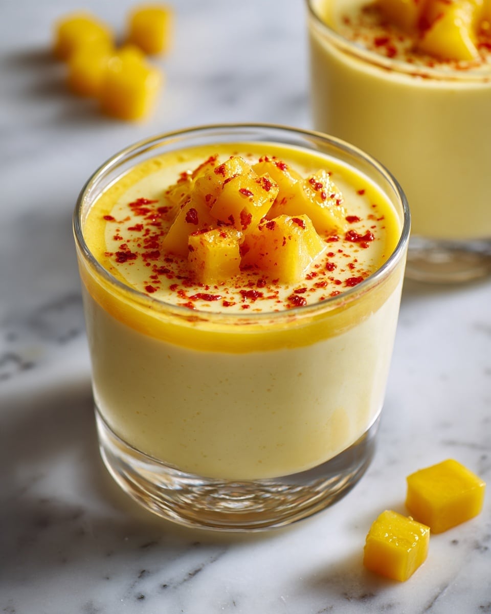 The image shows a clear glass with two main layers. The bottom layer is a smooth, creamy light yellow pudding filling about three-quarters of the glass. On top, there is a thin bright yellow sauce layer, covering the pudding evenly. The top layer has several small, bright yellow mango cubes, sprinkled with a light dusting of red spice. The glass sits on a white marbled surface with a few scattered mango cubes around it. Another similar glass is partly visible in the background. Photo taken with an iphone --ar 4:5 --v 7