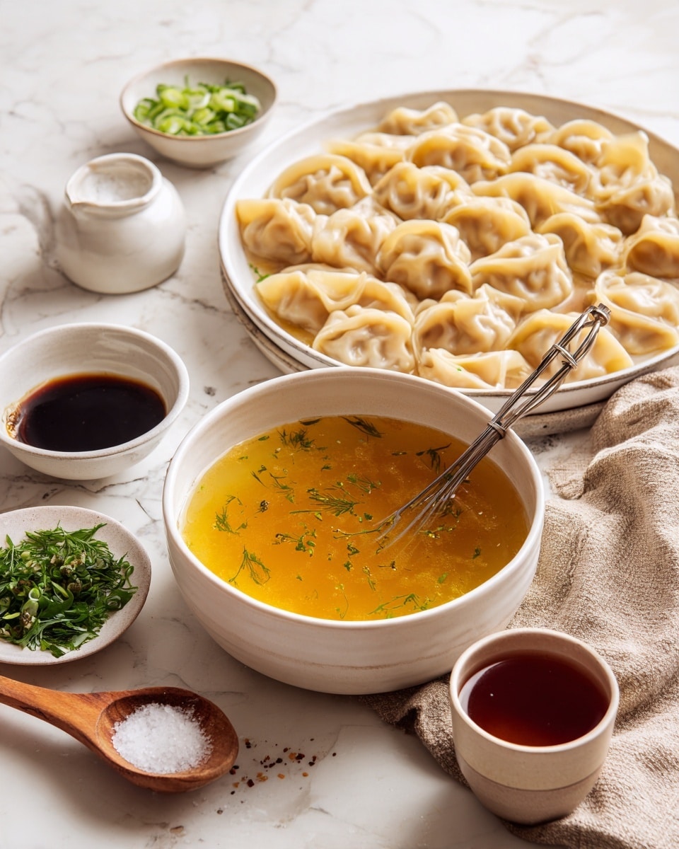 The image shows a white bowl full of light brown dumplings stacked loosely inside, placed on a white marbled surface. In front of the bowl is a large white bowl filled with a yellow broth that looks smooth, with a small thin whisk resting in the broth. Around the bowls are smaller white bowls and containers: one holds dark soy sauce, another contains sliced green onions, a wooden spoon with white salt sits nearby, and a small bowl contains chopped green herbs. There is also a tiny cup with a dark reddish-brown liquid on the right side. A beige cloth is partially visible under the broth bowl, adding warmth to the scene. The photo taken with an iphone --ar 4:5 --v 7